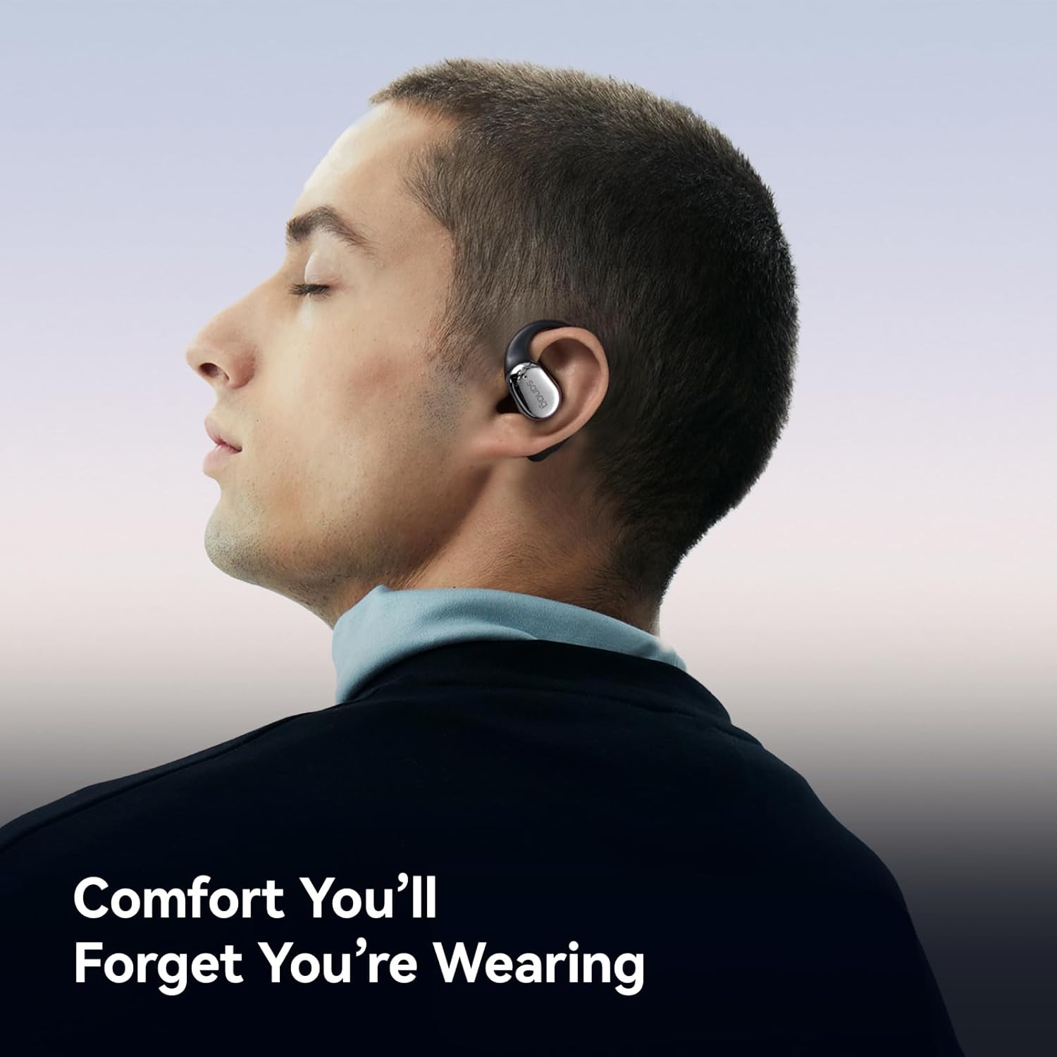 Person wearing Sanag C16S headphones, illustrating comfort