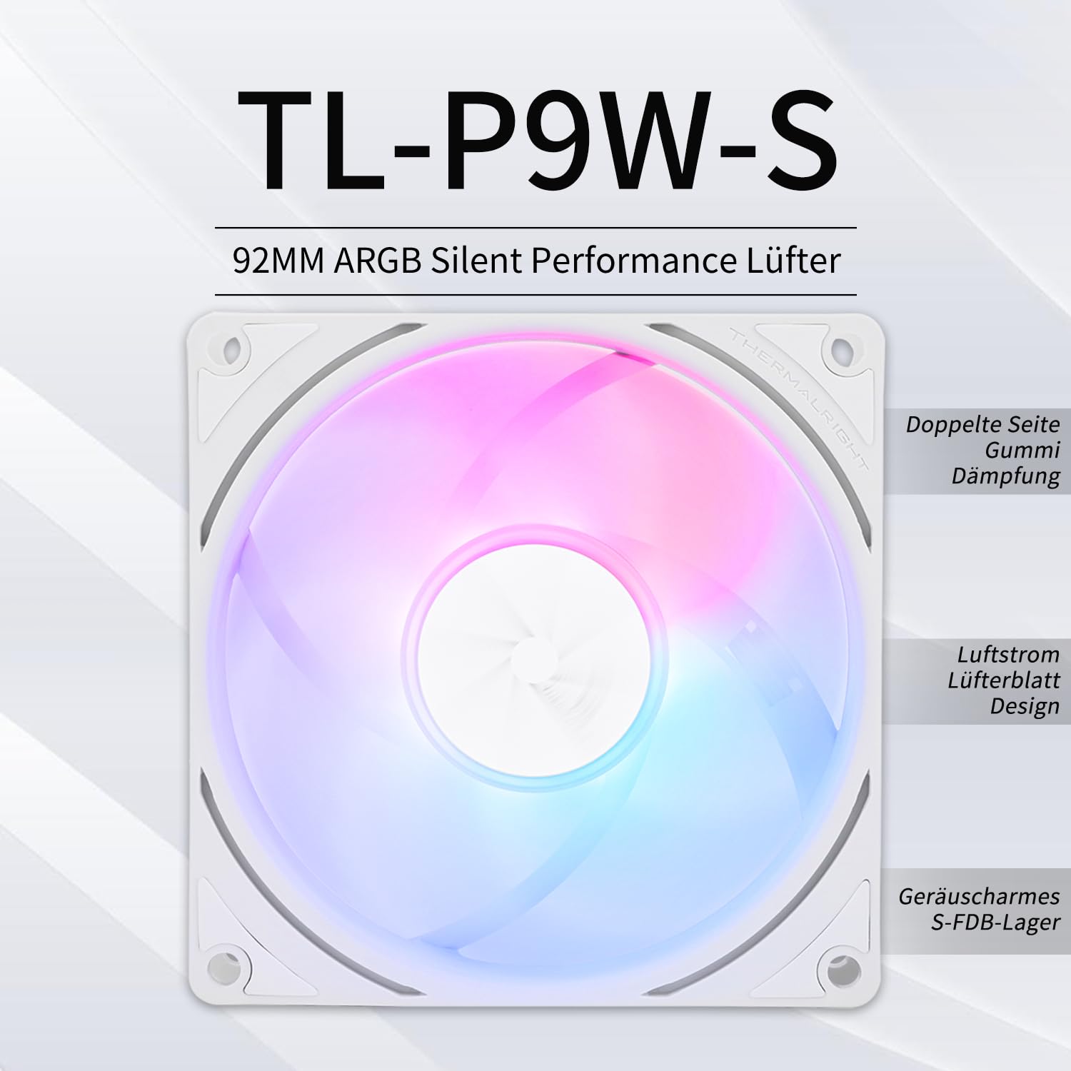 Thermalright TL-P9W-S wentylator CPU, obudowa komputerowa, wentylator ARGB, cichy wentylator 4-pinowy PWM PC, wydajny wentylator 92 mm, prędkość 2200 obr./min, wentylator CPU (biały)