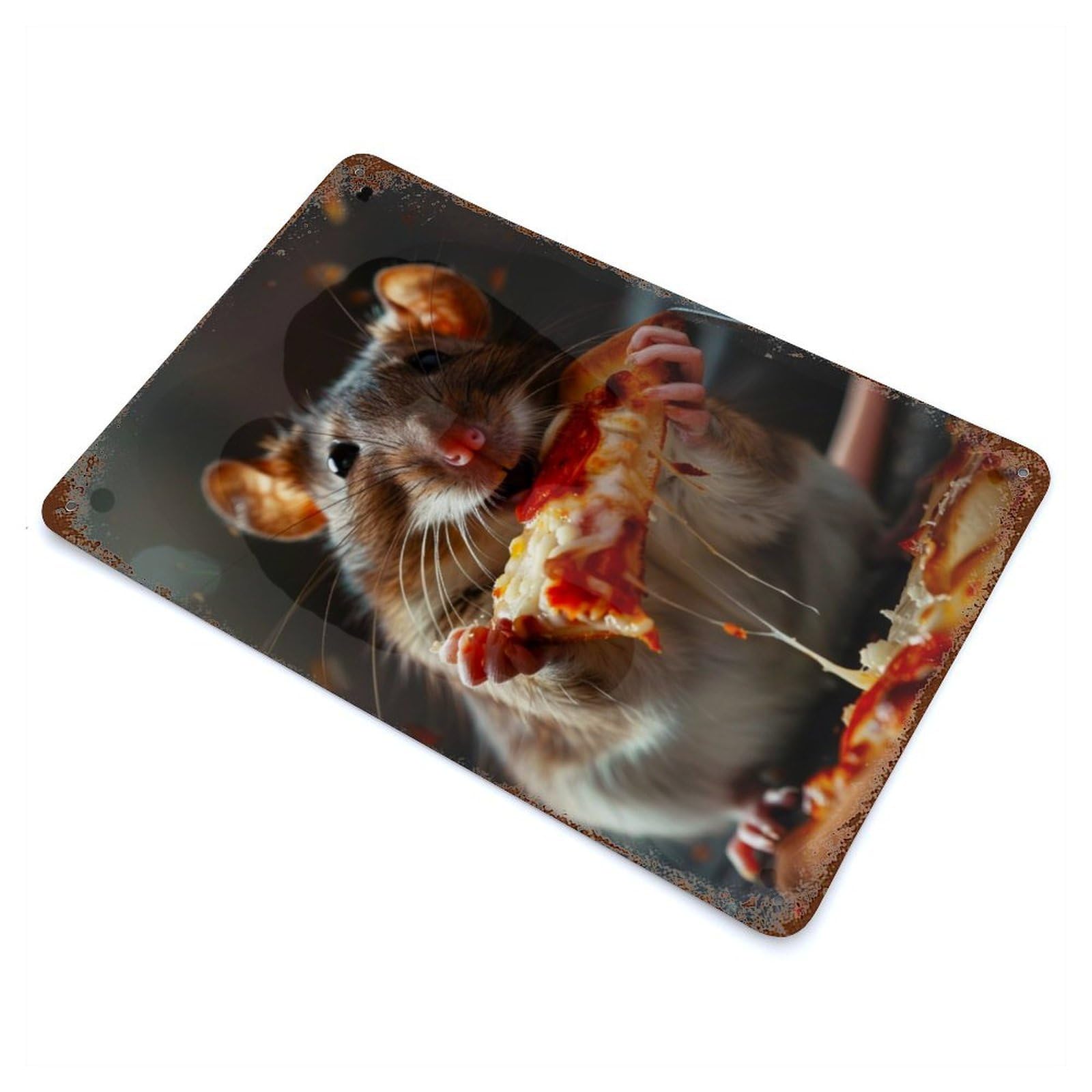 Rat Pizza Aged Metal Wall Plaque 11.8"x7.9", Industrial Home Decor for Pub, Kitchen And Man Cave Decor