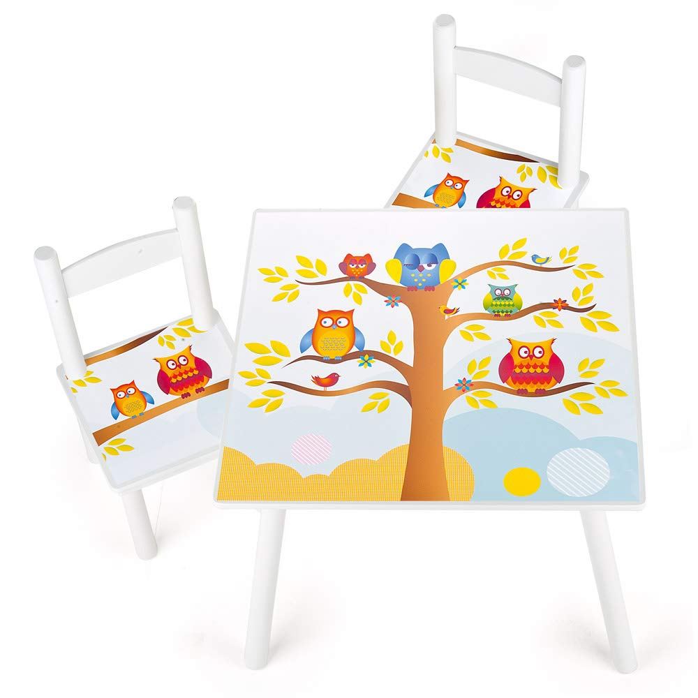 stolik dziecięcy z 2 krzesełkami, zestaw mebli dziecięcych do rysowania i zabawy, stabilny stół dla dzieci do pokoju i sali zabaw, MDF, 60x60x42 cm (Sowy)