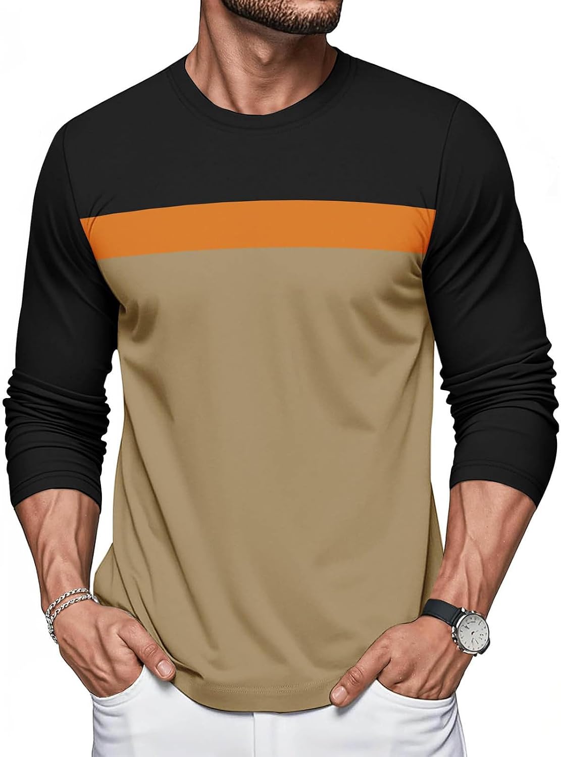 Mens Crew Neck Shirts Long Sleeve Casual T-Shirts Color Block Loose Shirt Fashion Soft Tops for Outdoor Workout