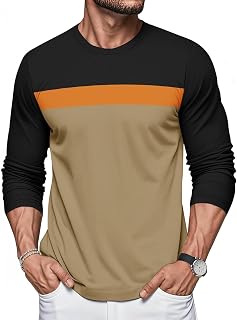 Men's Soft Comfy Workout T-Shirt, Long Sleeve Crewneck Basic Daily Shirts Fashion Color Block Breathable Tops