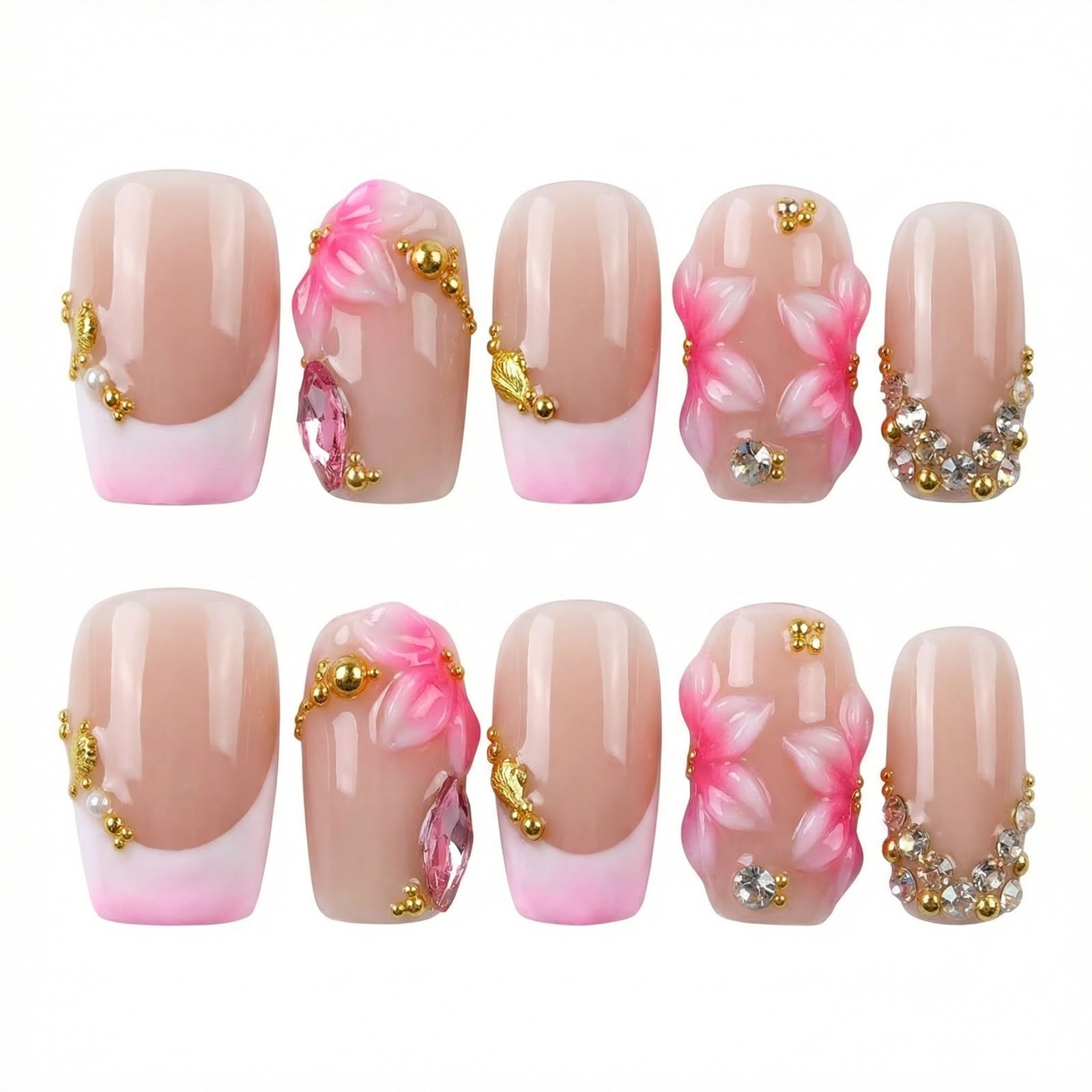 Faux ongles en forme de cercueil faits à la main - Taille moyenne - Pointe française - Acrylique - Fleurs 3D - Design diamant - Luxueux - En relief - Réutilisables - Couverture complète - À coller