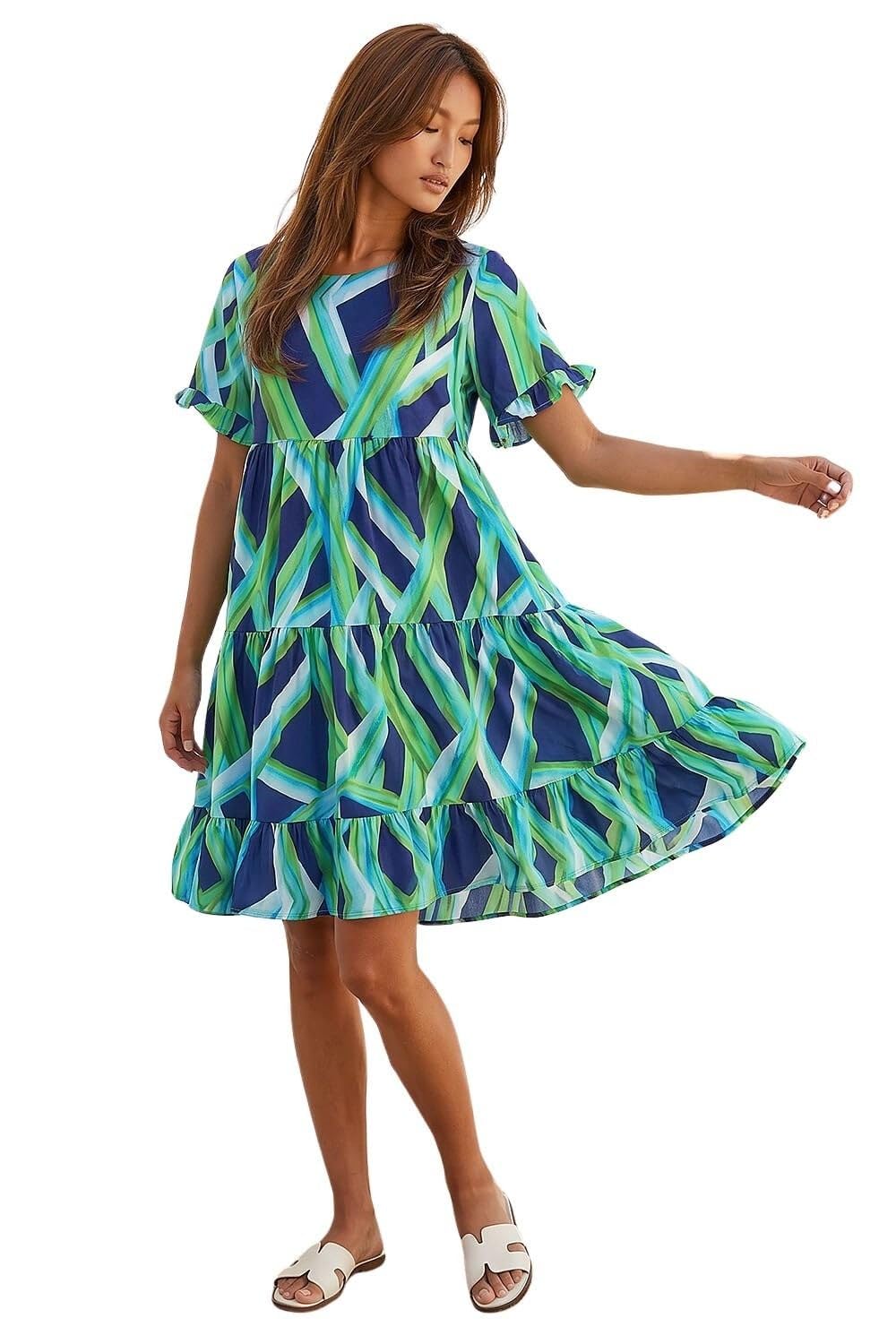 Roman Women's Green Abstract Print Tiered Smock Dress In | Size: 18