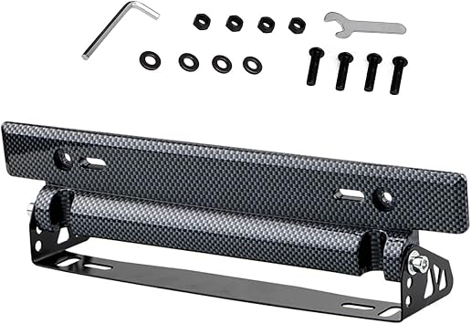 Car License Plate Mount, Adjustable Stainless Steel Flip Up Bracket, Distortion-Proof Racing Style License Plate Holder, Universal for Most Cars Carbon Fiber Pattern