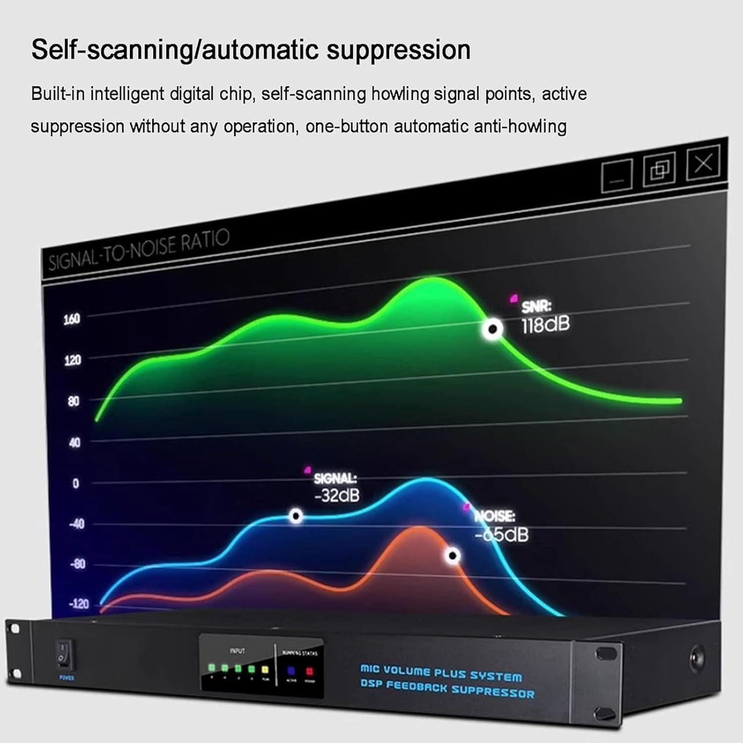 Processore audio digitale con soppressore di feedback 2 in 2 uscite, anti-ululante a 9 livelli, scansiona automaticamente le frequenze ululanti per prestazioni e uso in conferenza