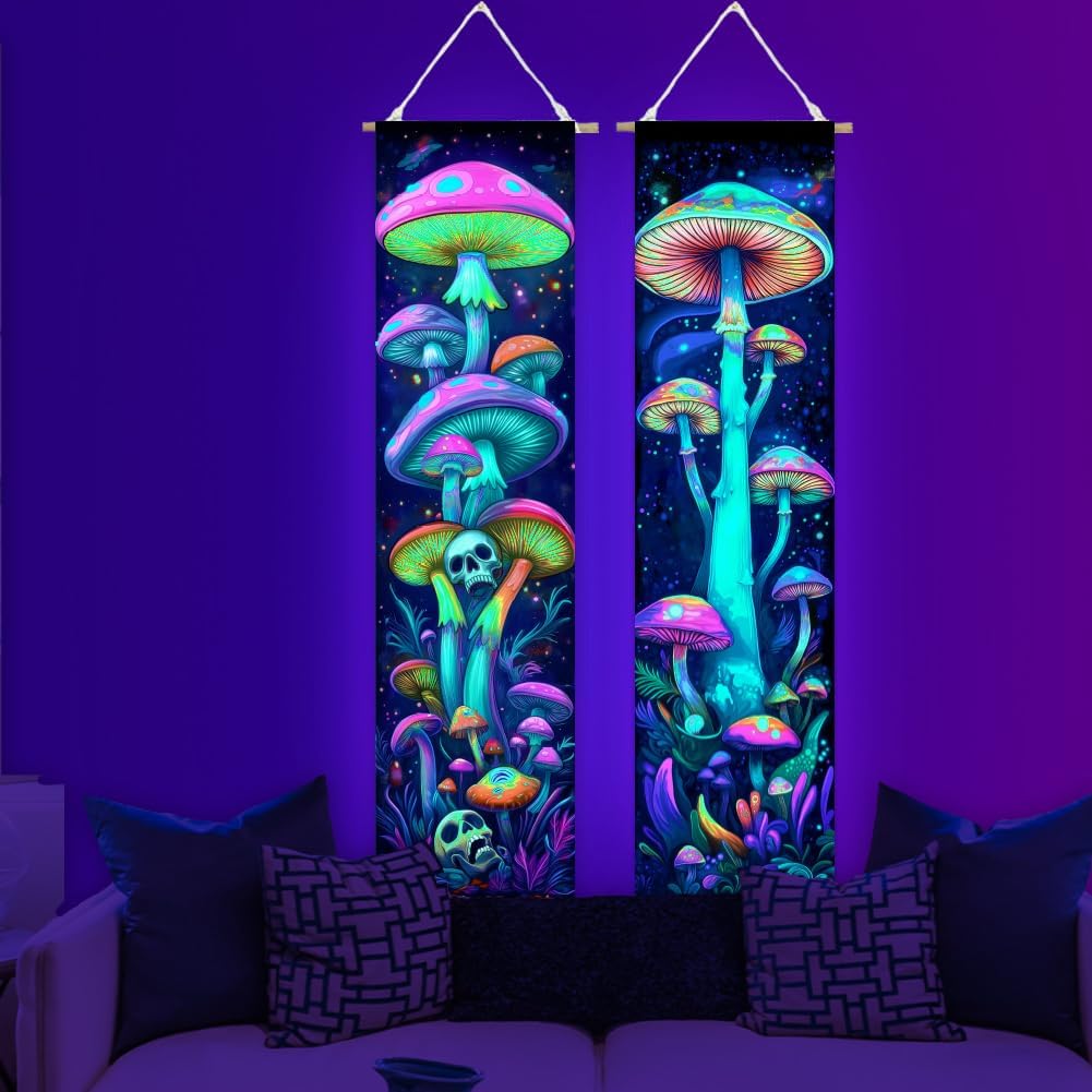 ACRNIGHEET Pack of 2 Tapestry Mushroom Blacklight Tapestry UV Reactive Poster Black Light Tapestries Mushroom Aesthetic Room Hanging Backdrop for Bedroom Home Decoration