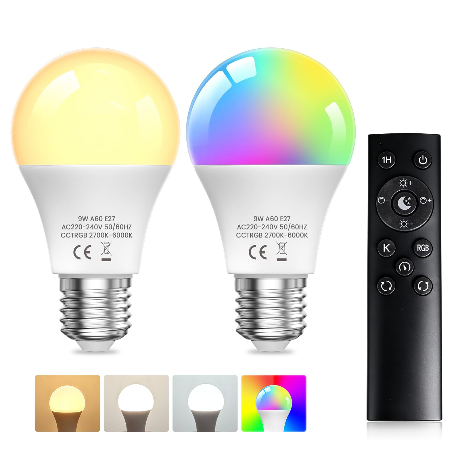 TobeBright E27 A60 RGB LED Bulbs, 9W Dimmable 3 Colour Temperatures+RGB Colour Changing Bulbs with Remote Control, Warm White Cold White Natural White, Mood Lighting for Party Bar Halloween(2-Pack)