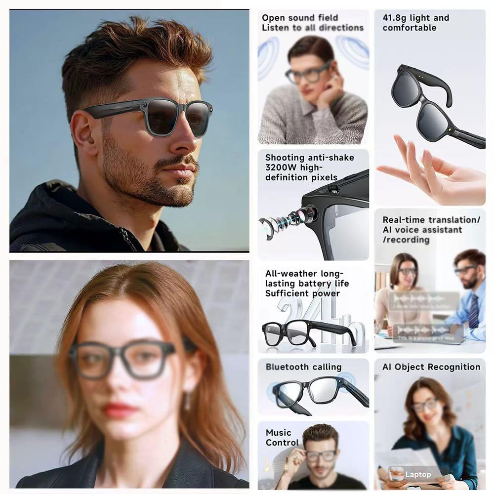 Lunettes intelligentes pour caméra HD avec appel Bluetooth, assistant vocal, lecteur de musique, contrôle tactile – Parfait pour les voyages, le travail et les activités de plein air