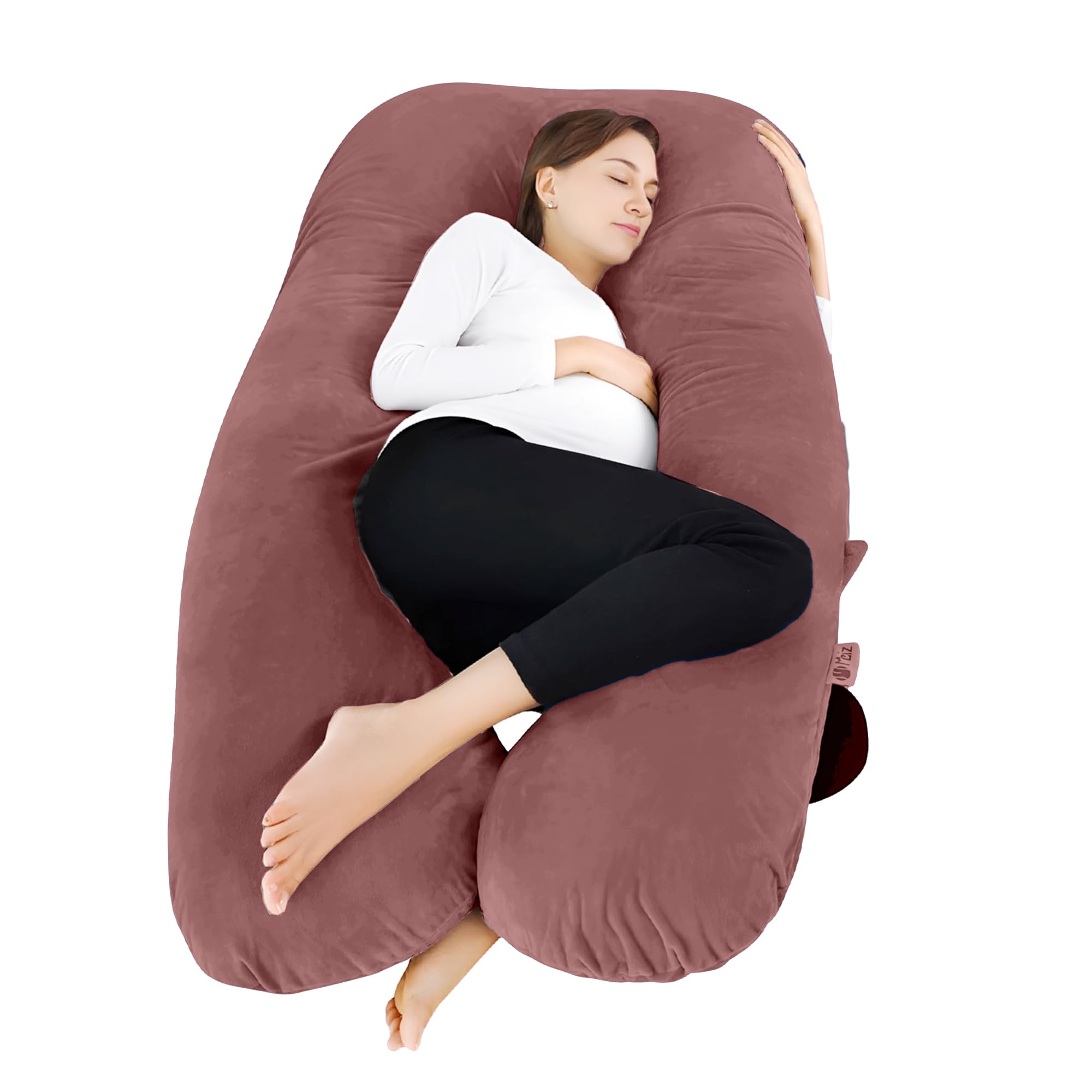 CareFoam Pregnancy Pillow for Sleeping – U-Shape Full Body Maternity Pillow with Removable Washable Velvet Cover | Support for Back, Hips, Legs & Belly | Marron