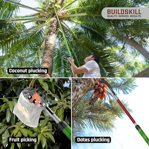 Image of BUILDSKILL 16 Ft Telescopic Coconut Plucker with Pole - Shock Proof | Adjustable Height 8-16 ft | Includes & Fruit Picker | Lightweight & Durable Fiber Glass Construction - Easy Assembly