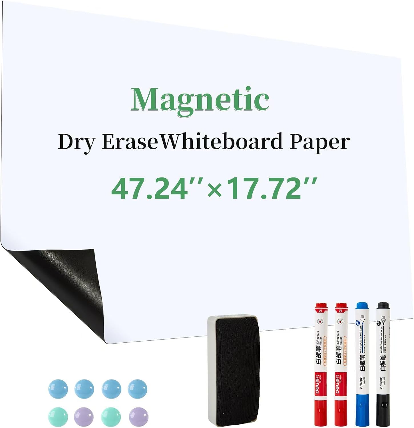 Magnetic Dry Erase Whiteboard Paper?Self Adhesive and Easy to Write&Clean,Dry Erase Board for Kids/Office/Home, with Marker, Magnetic Eraser and Magnets (47.24”*17.72“)