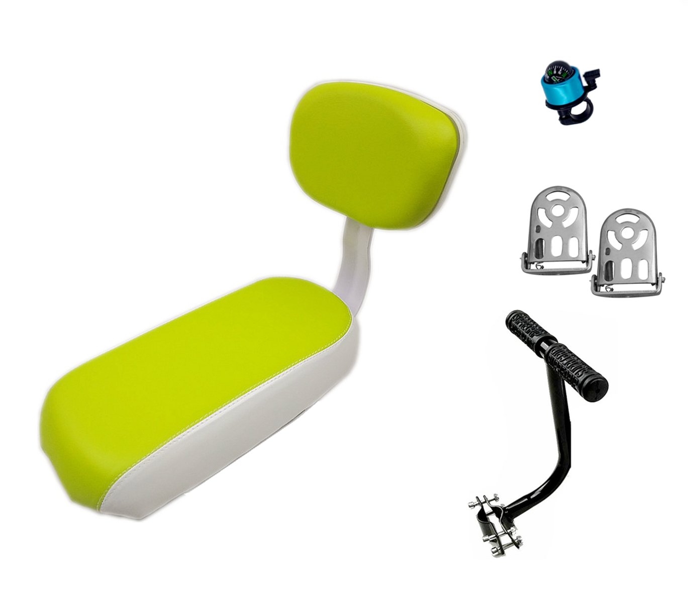 ZHOUWHJJ Universal Bicycle Rear Seat Cushion Armrest Footrest Set, Kid Child Safety Carrier Bicycle Baby Seat, Including Cushion and Backrest, Armrest Handrail, Footrests, Bell, Green