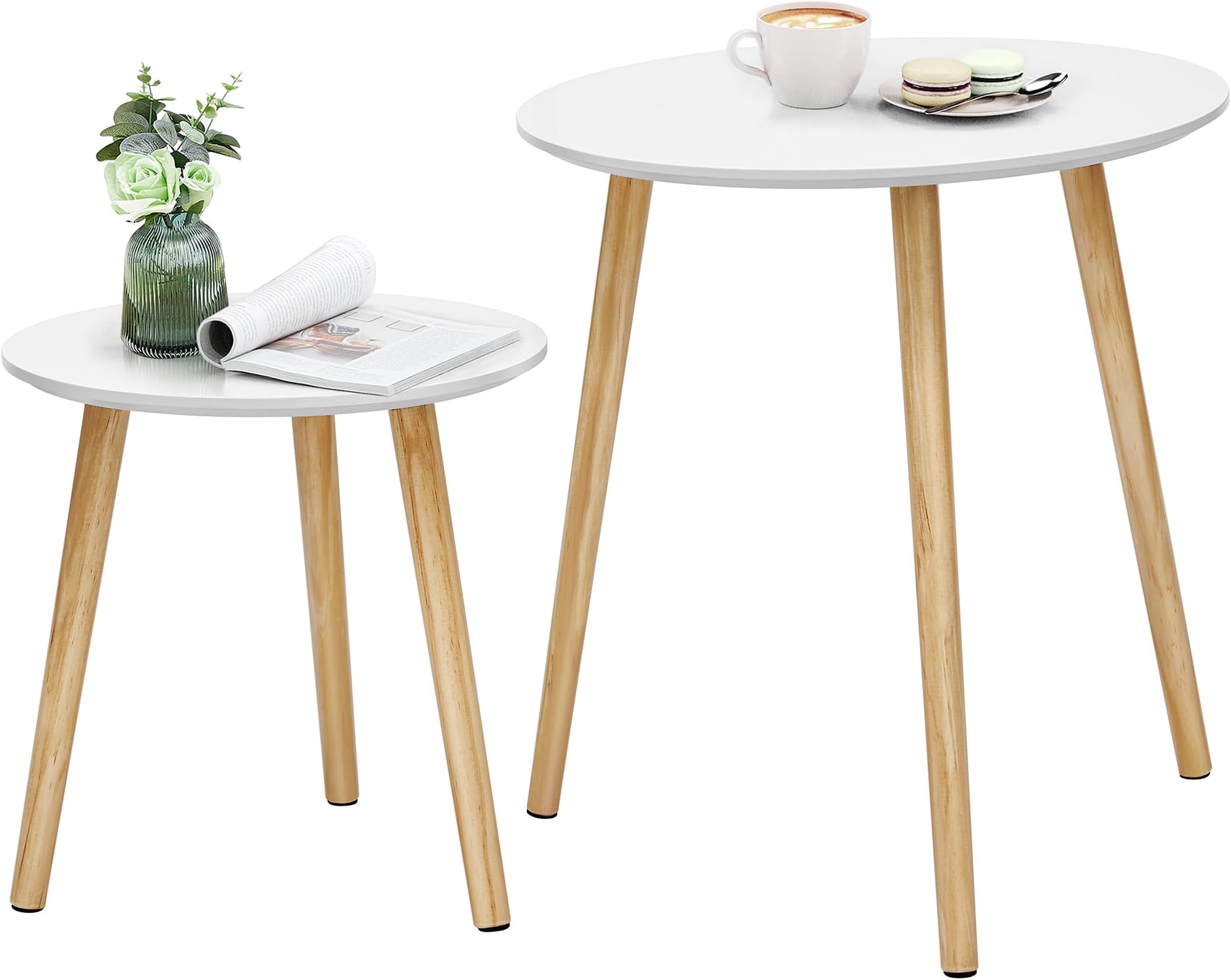 VASAGLE Nesting Side Table, Round End Table, Set of 2, Scandinavian Minimalist Coffee Table with Solid Pine Wood Legs, White and Natural LET07WN