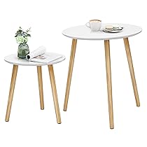 SONGMICS Tavolino Rotondo, Tavolino Moderno Minimalista, Set di 2 Tavolini da Caffè con Gambe in Legno di Pino, Stile Scandinavo, per Soggiorno Salotto Balcone, Bianco e Naturale LET07WN