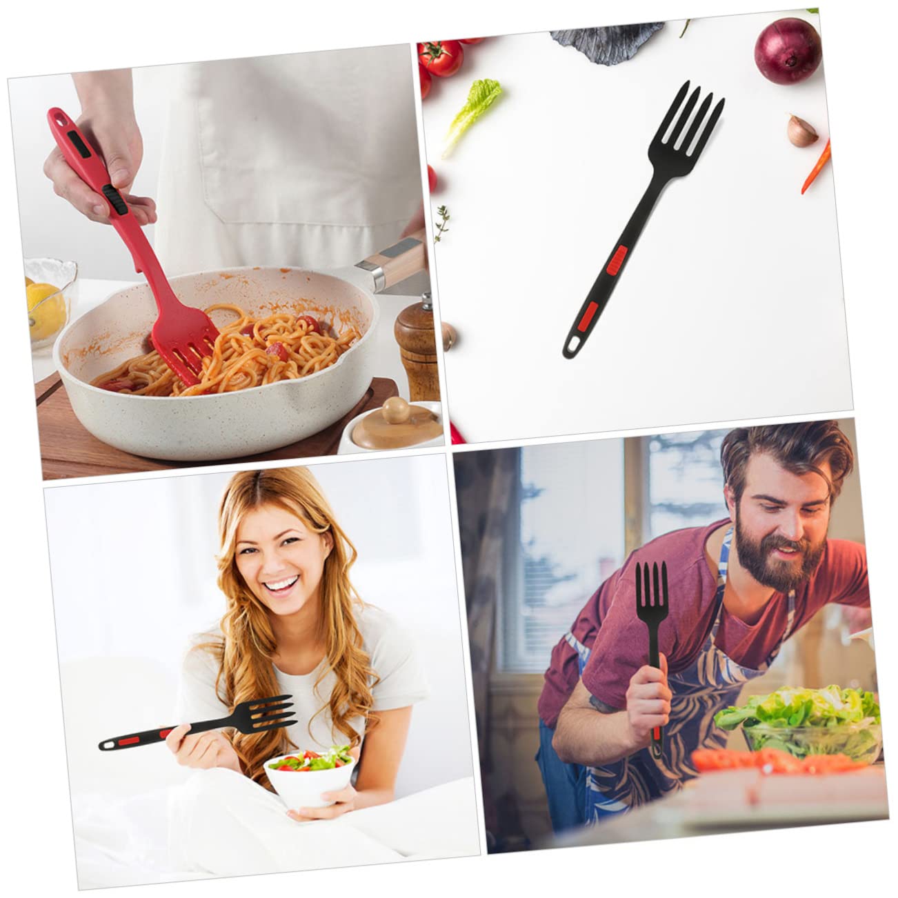 Zerodeko 2 piezas Tenedor de Silicona Reutilizable Resistente y Ergonómico para Ensaladas Utensilio de Cocina Multifunción Seguro y Cómodo Colores Negro y Rojo