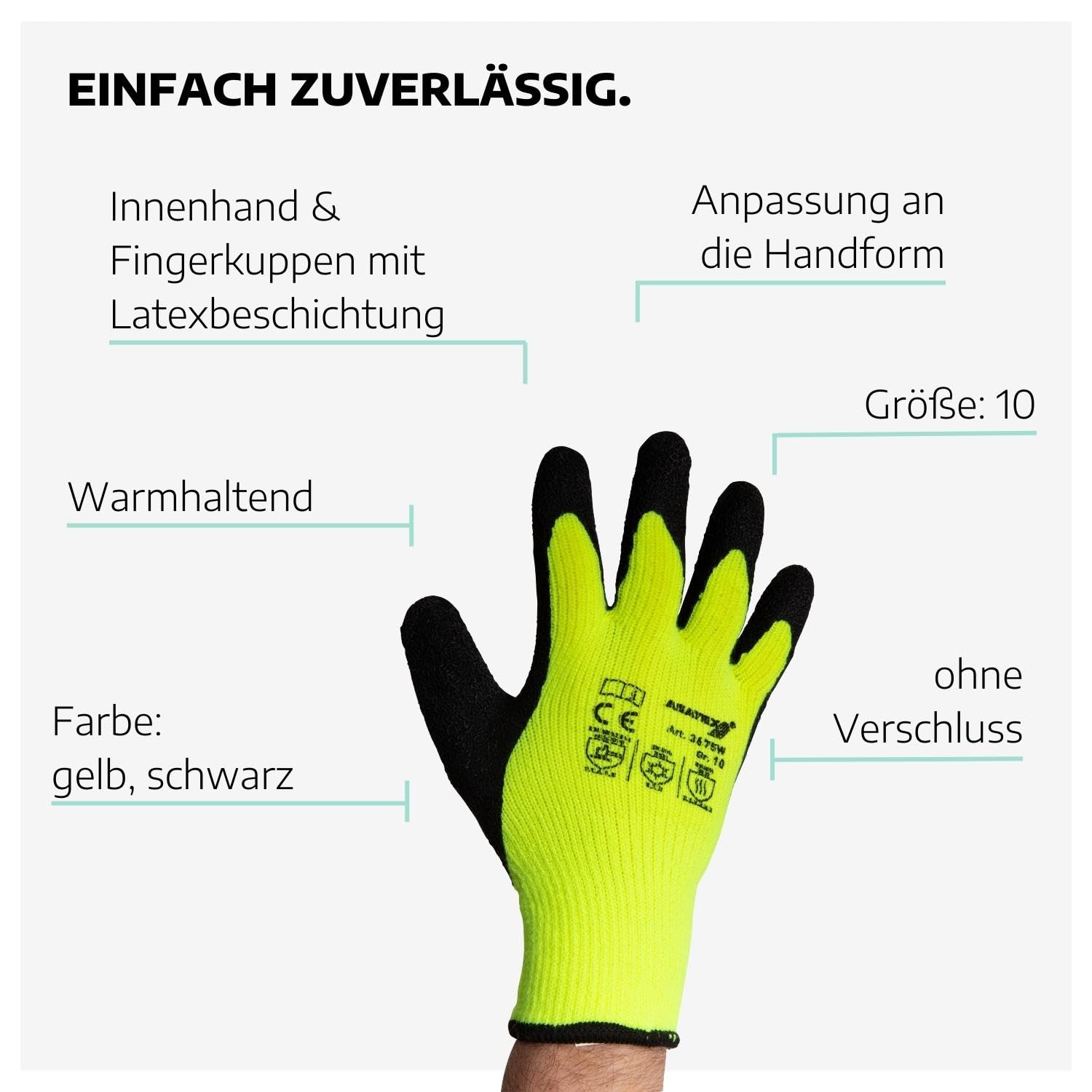 12 x Arbeitshandschuhe Winter aus Latex in Größe 10 I Handschuhe gefüttert Herren & Damen I Thermo-Handschuhe Arbeit I Gloves Winter I Baustellen-Kleidung I Handschuhe Arbeit Winter
