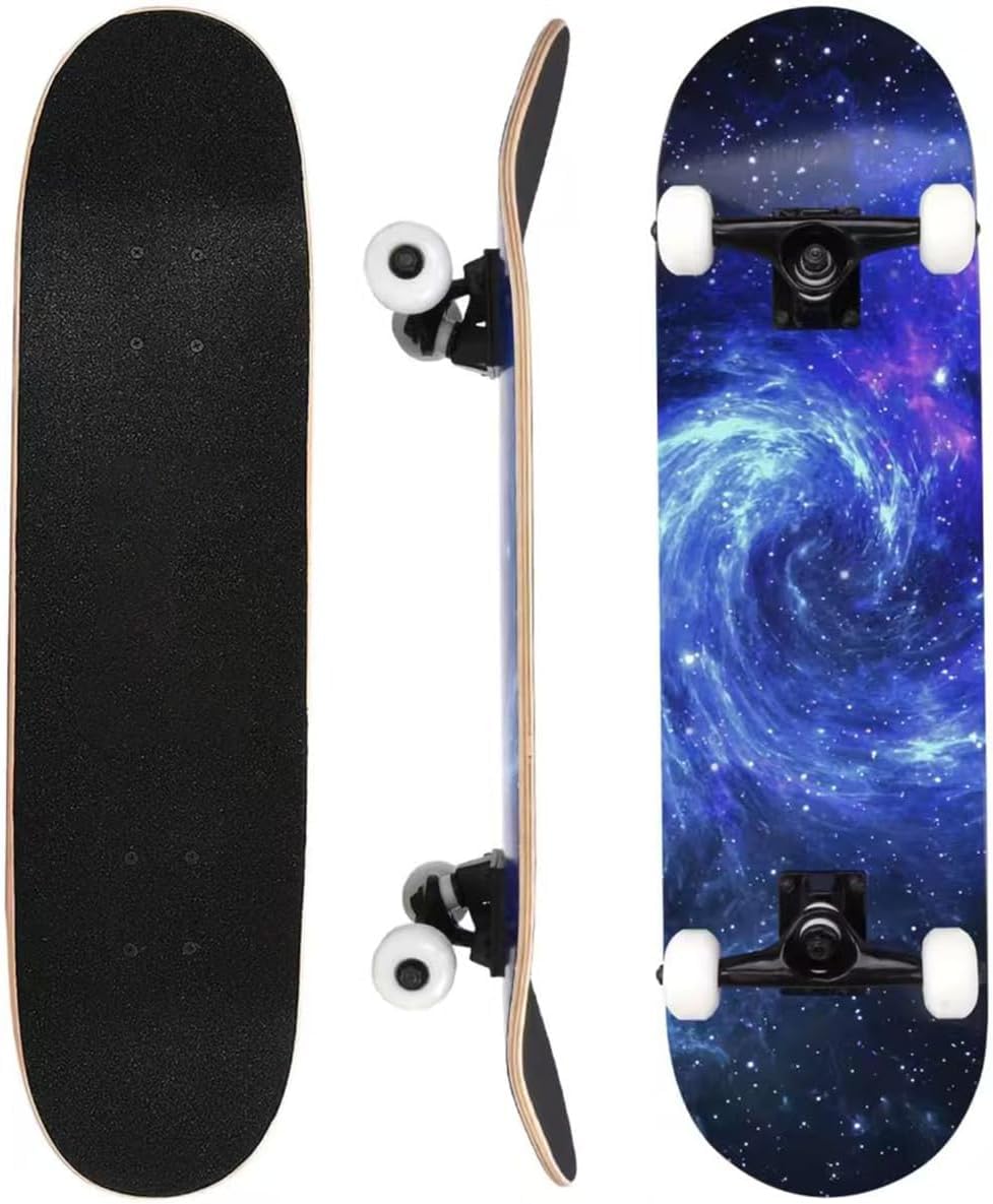 ERNAN Complete Skateboard for Beginners,31 x 8 Inch Double Kick Skateboard for Kids Teenagers & Adults. with Skate T-Tool. (Blue Nebula)