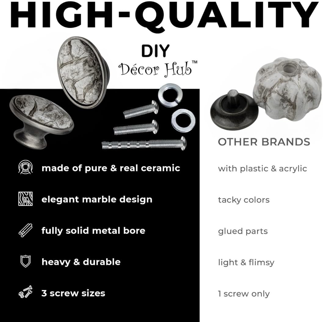 10 pcs Antique Silver Gray Marble Oval Ceramic Cabinet Knobs for Cabinets, Drawers, Dressers, Closets, Vanities