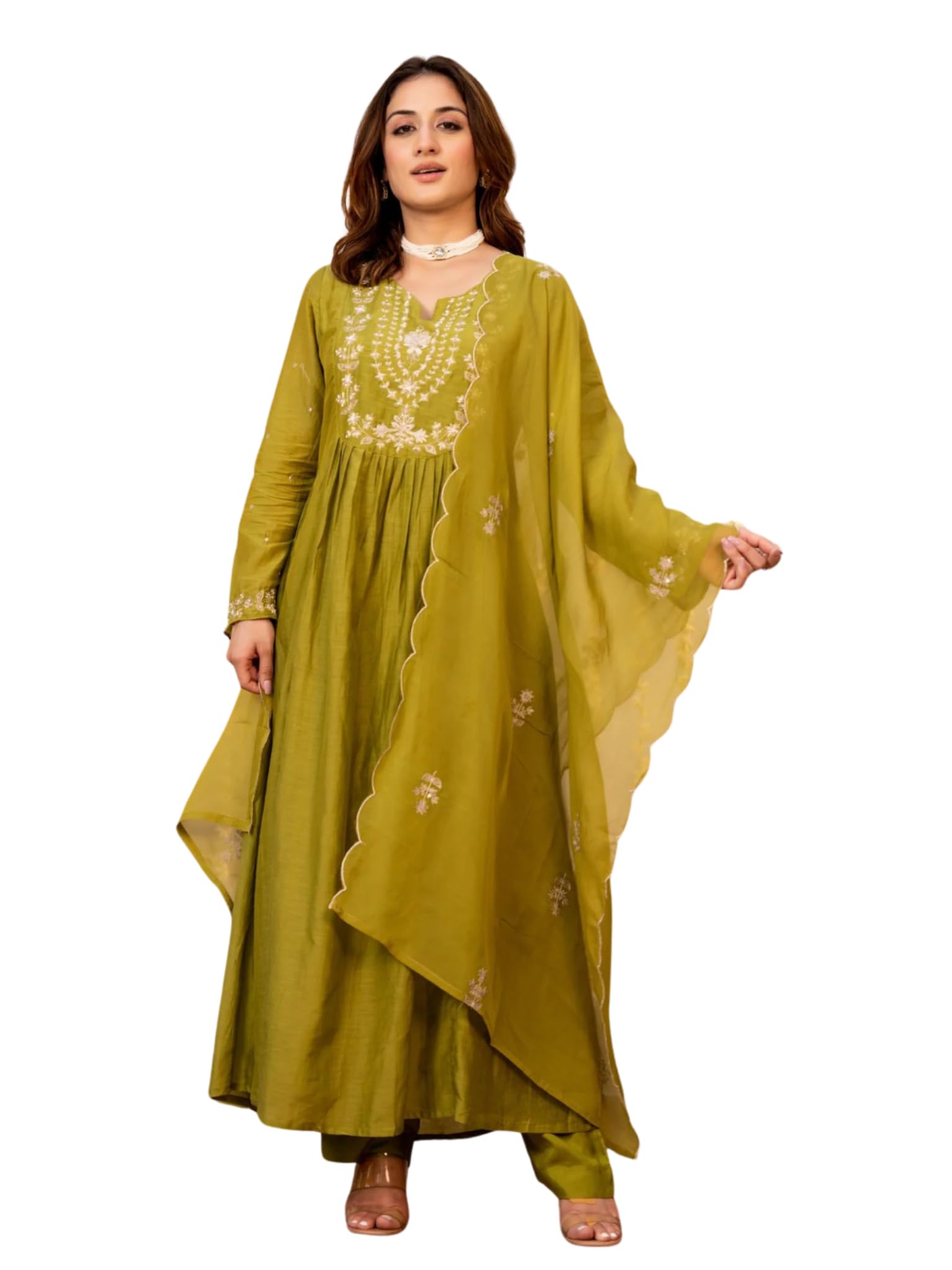 Women Chanderi Silk Embroidered Kurta Pant Dupatta Set | Ethnic Wear | 2.25m Dupatta | S-XXL | Green & Teal Blue-image-6