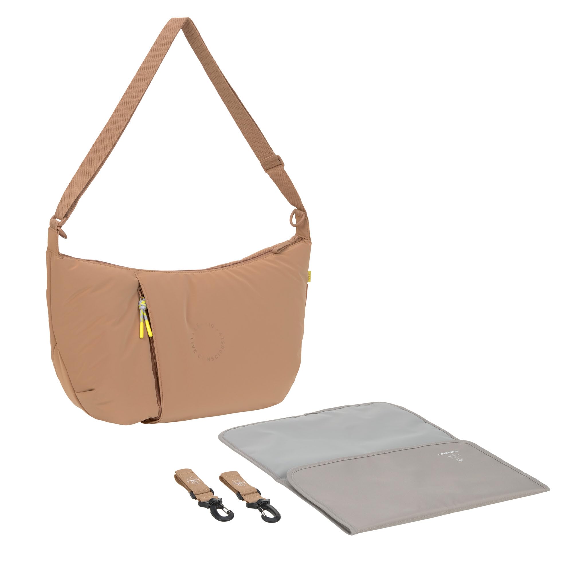 LÄSSIG Baby Wickeltasche zum Umhängen mit Wickelunterlage, Kinderwagenbefestigung, wasserabweisend/GRE Lunua Bum Bag almond