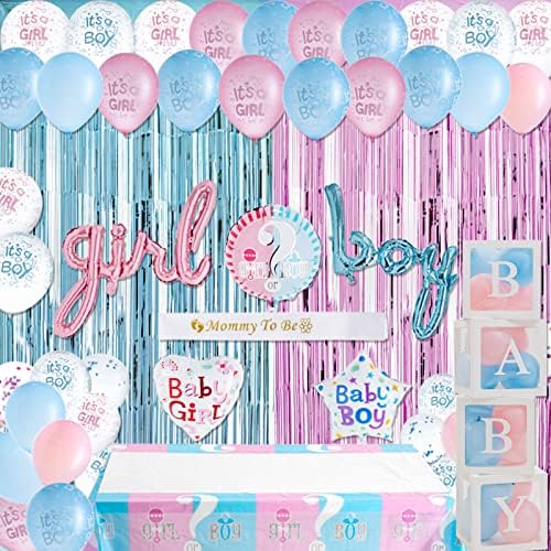 White Baby Box Kit - Gender Reveal Decorations,Gender Reveal Party Supplies,Gender Reveal Balloons Box,Metallic Fringe Curtains,BOY Girl Foil Balloons,Pink and Blue Balloons