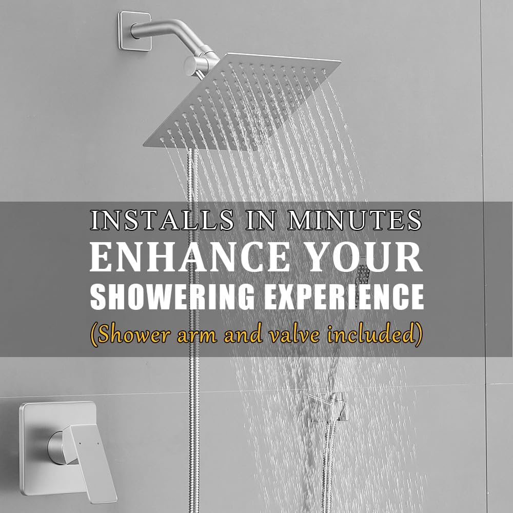 8 Inch Rainfall Shower Head and Handheld Spray Combo with 3-Way Diverter and Touch-Clean Nozzles, Rough-in Valve Body and Trim Included, Brushed Nickel