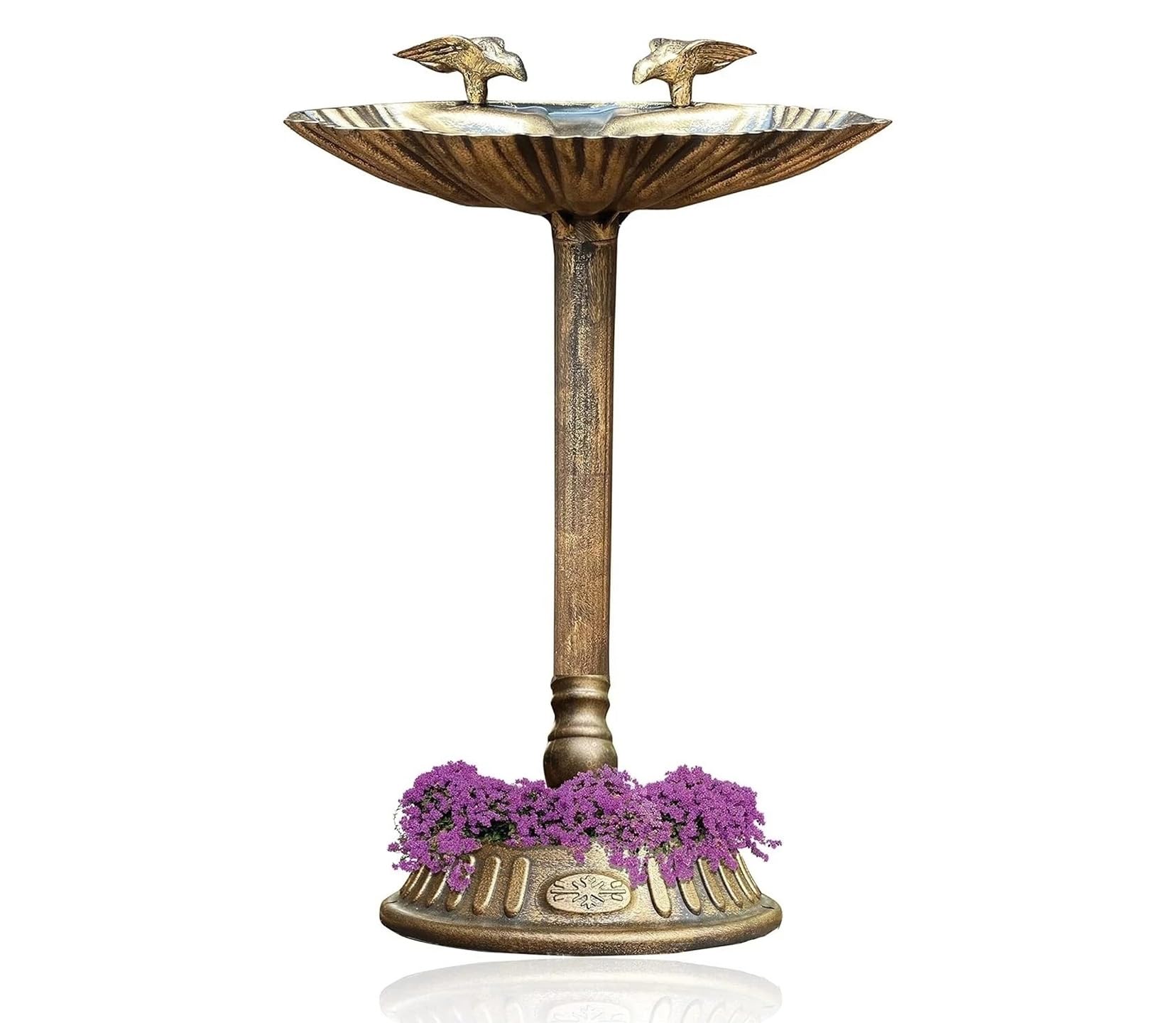 PREMZO Decorative Garden Patio Bird Bath & Feeder Stand Bronze Effect, Vintage Traditional Design Outdoor Pedestal Clamshell Bowl Figurines Feeding Station (Top Feeder + Bottom Planter)