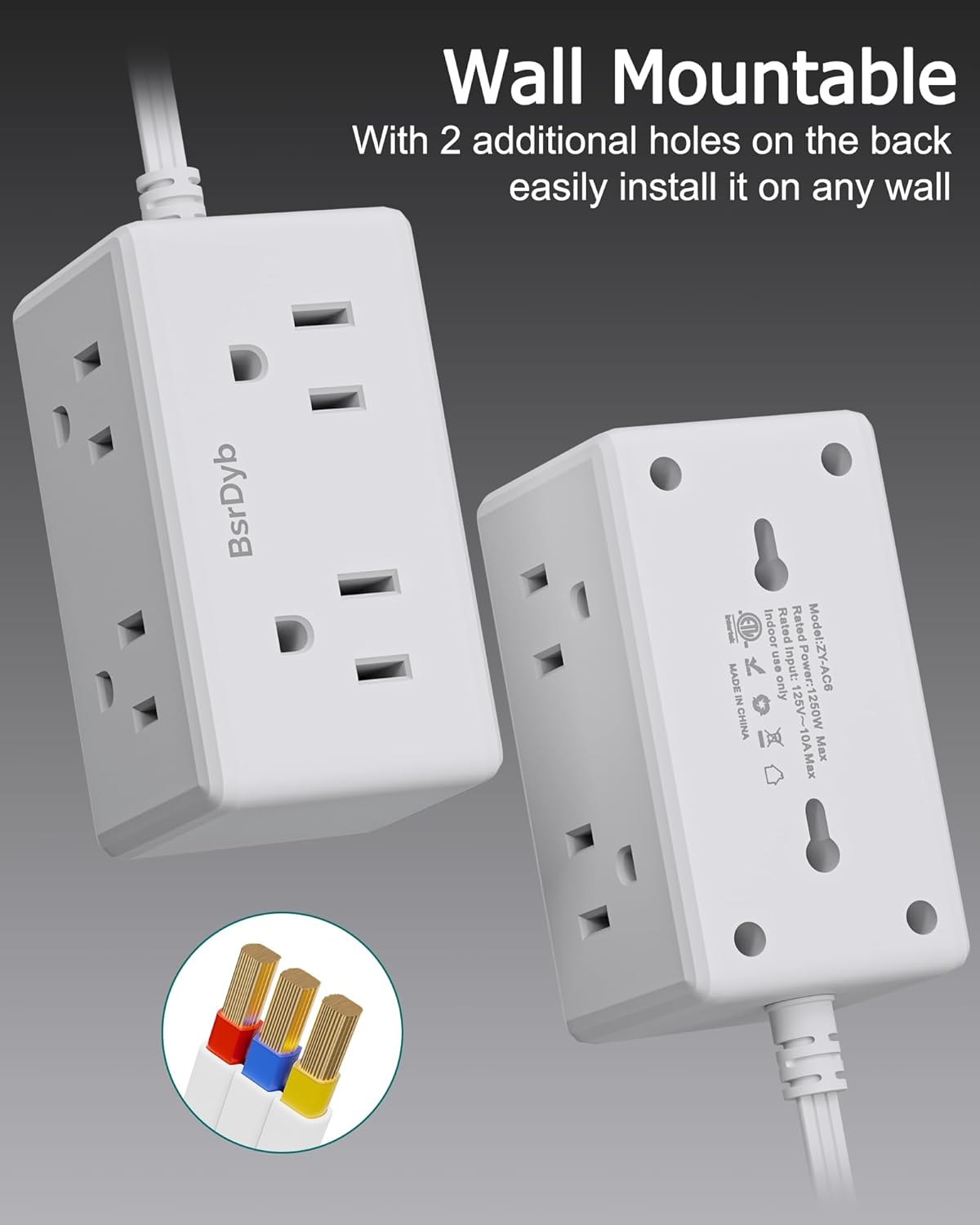 5Ft Flat Plug Small Power Strip,3-Side White Extension Cord with 6 Wide Outlets Extender,No Surge Protector,Cruise Ship Essentials,Multi Plug for College Dorm Home Office Travel,Wall Mount,ETL Listed