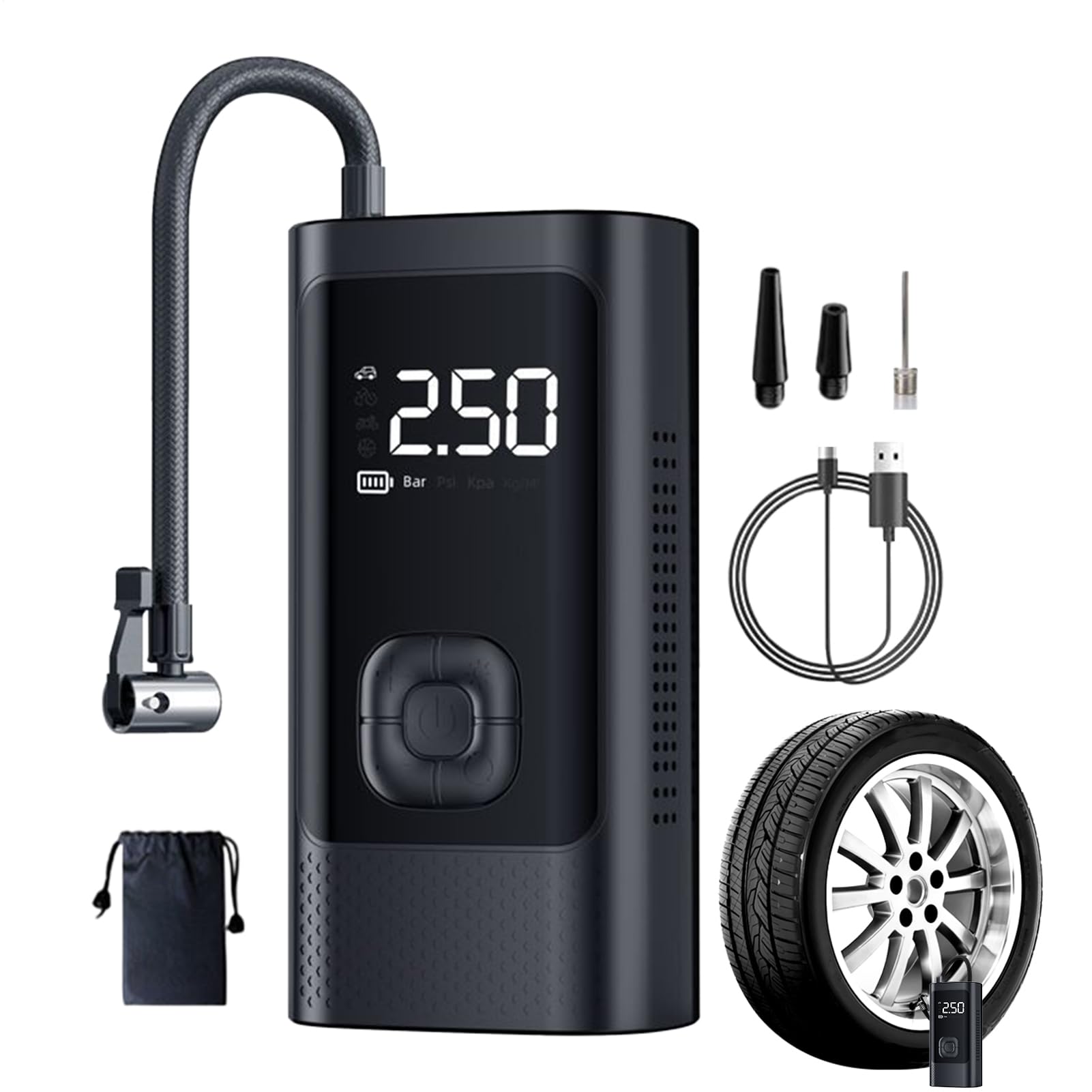 Bomba de aire para neumáticos de coche con luz LED integrada y medidor digital de alta precisión