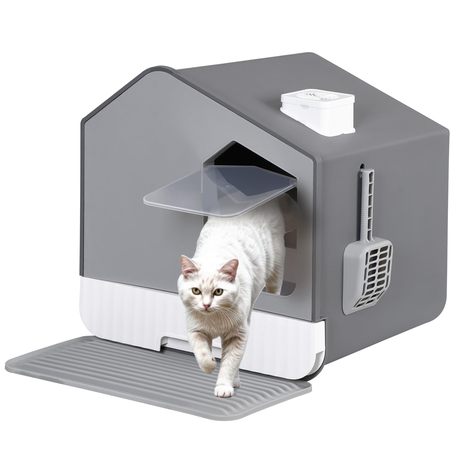 Saicool Large Enclosed Cat Litter Box, Odorless Cat Toilet Anti-Splashing Kitty Pan, Cat Box with Mat and Litter Scoop, Gray