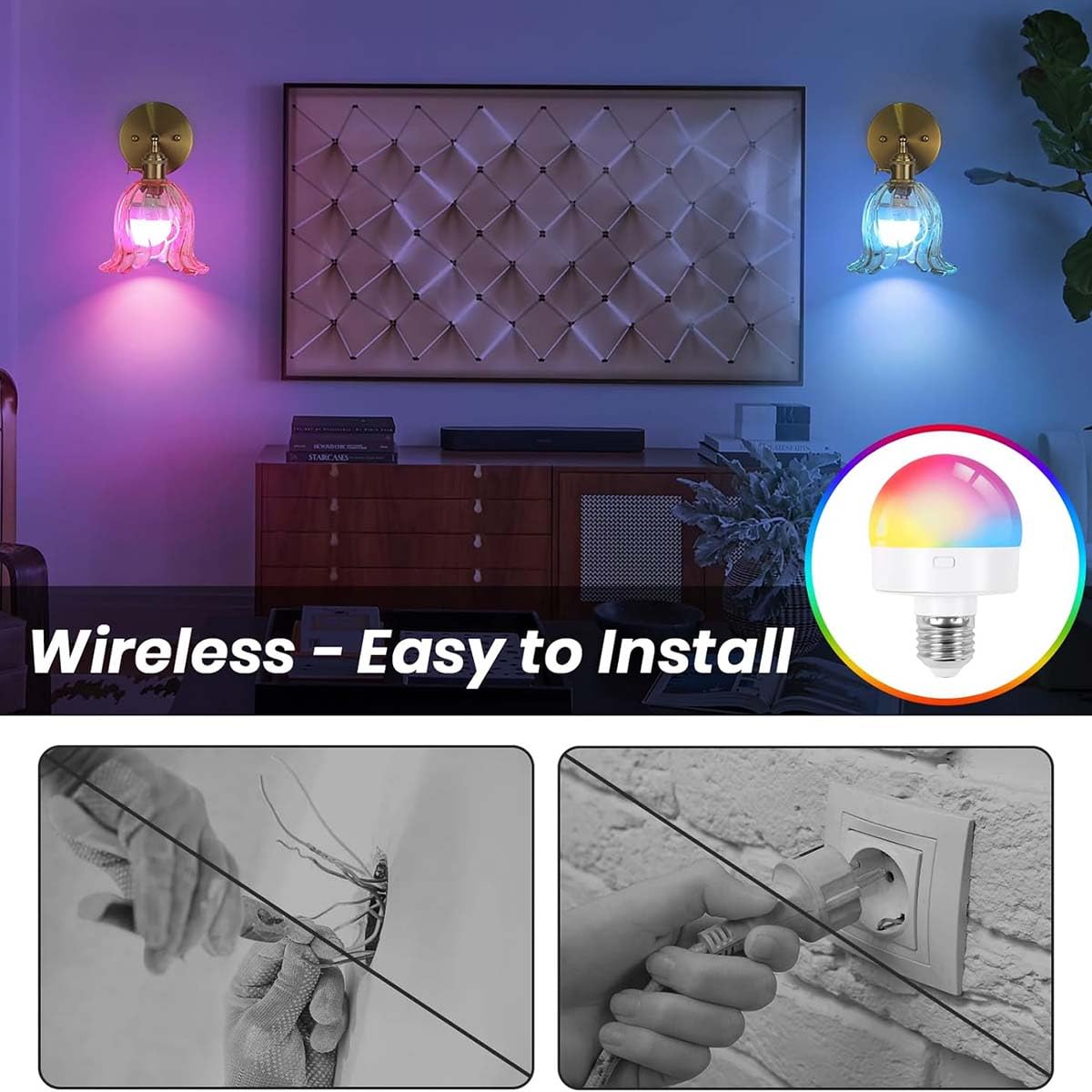 Lámpara de pared dorada recargable para interiores, estilo retro, con casquillo E27, RGB regulable y mando a distancia, inalámbrica, para mesita de noche, ajustable, con cristal verde, aplique de par