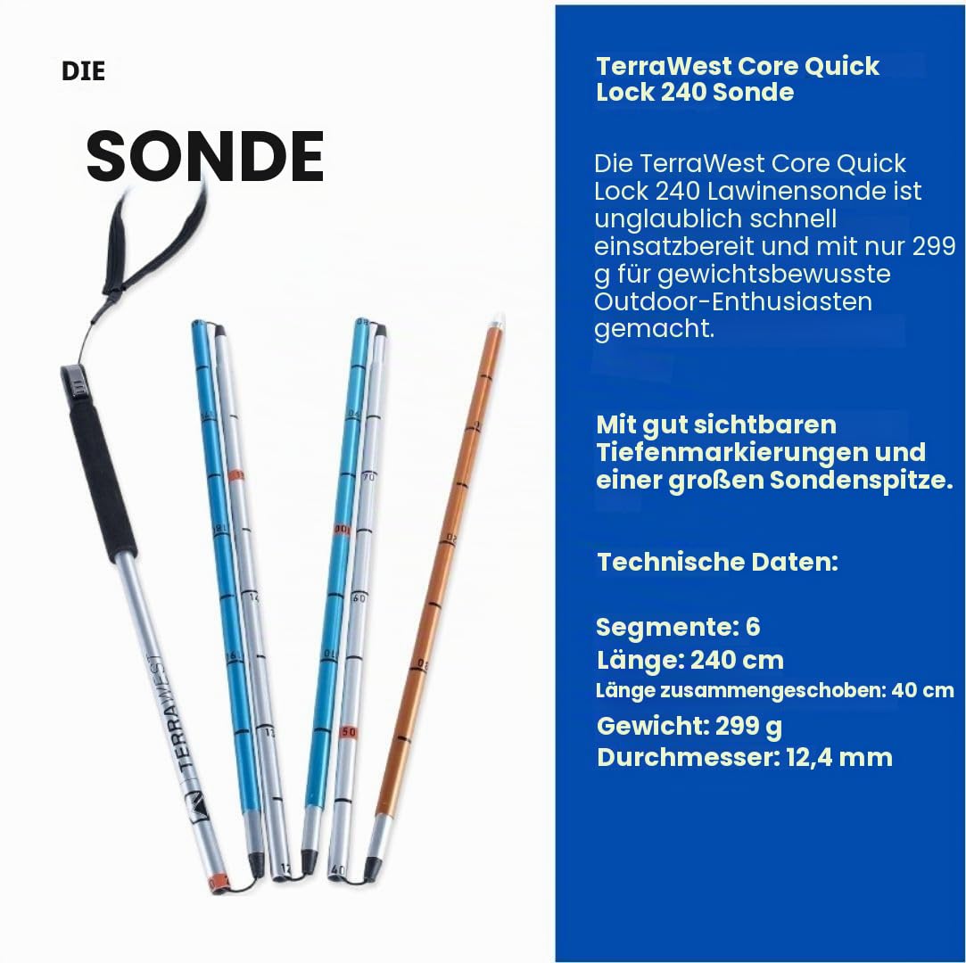 Core Lawinen-Set, Ski-Rucksack inklusive Recco & abnehmbarem Rückenprotektor, Trinkblase, Core Plus Schaufel, Core 240 cm Schnellverschluss-Sonde, Backcountry Skifahren, Snowboarden