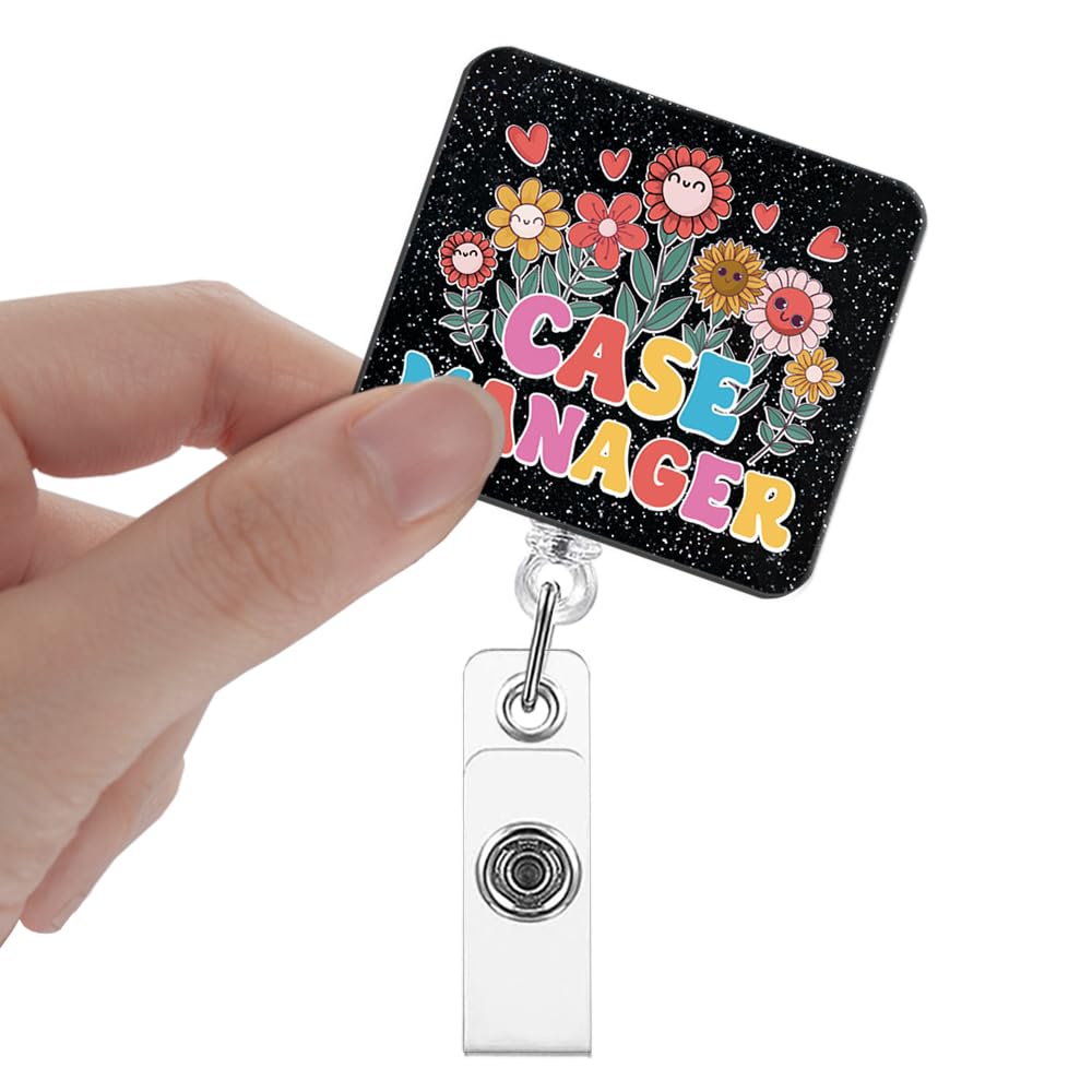 Xipromi Retractable Glitter Badge Reels with Clip, Funny Floral Badge Holder for Case Manager, Appreciation Gift for Social Worker, Case Management