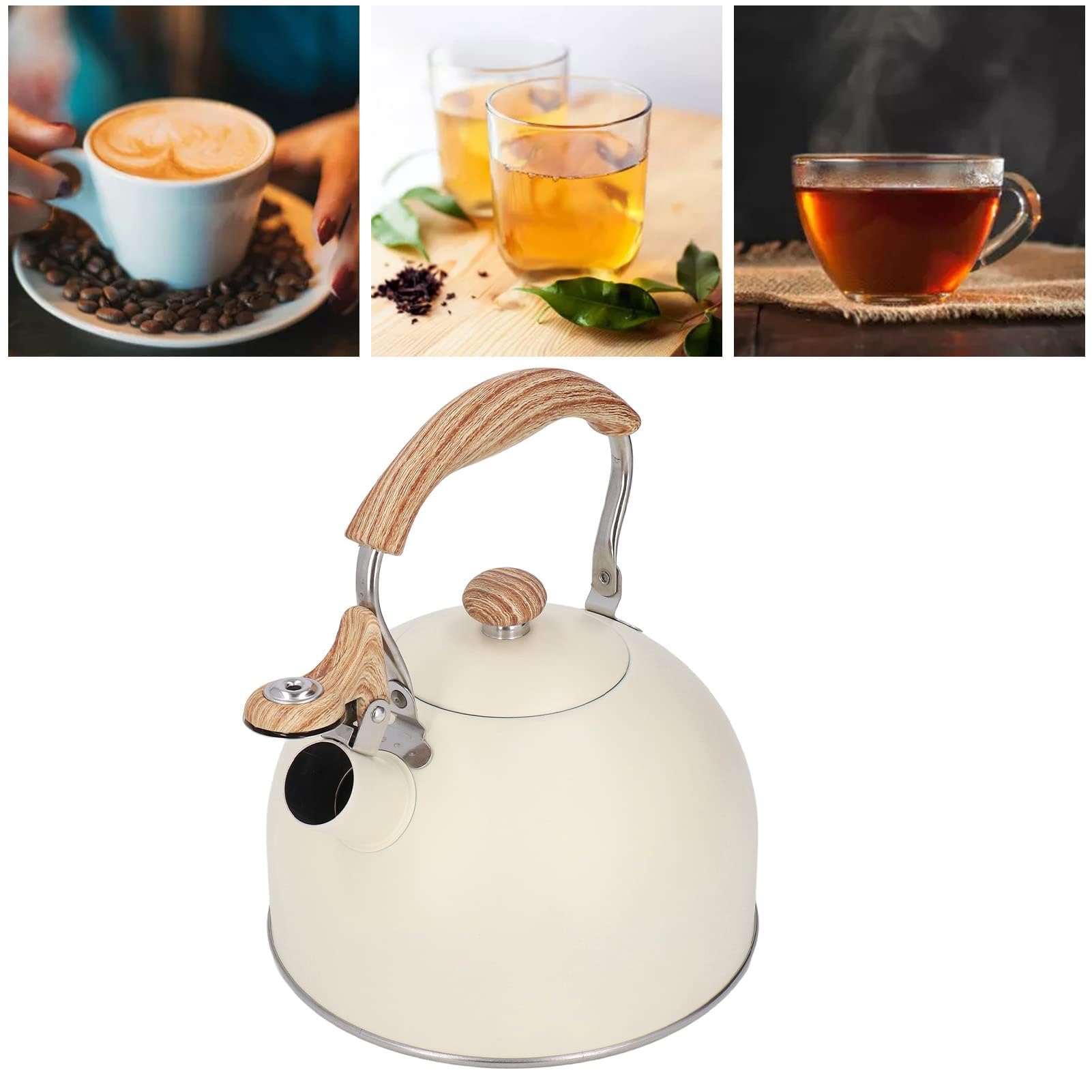 Wasserkessel Induktion, 2,5 l Pfeifkessel Edelstahl Teekessel mit Holzoptik Griff Flötenkessel für Gasherd Keramikofen Induktionskochfeld