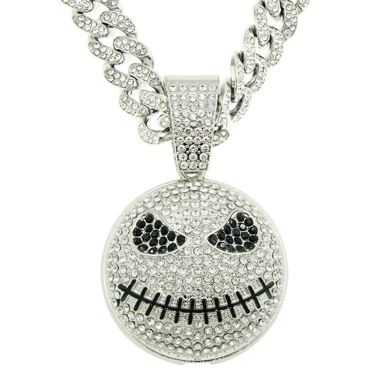 Hip Hop Crystal Skull Pendant With 13mm Big Cuban Chain Necklace For Men Women Iced Out Jewelry (silver color cuban chain-18inch)