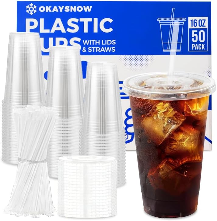 16 oz Plastic Cups with Lids and Straws [50 Pack] - Iced Coffee Cup with Lids & Straws for Home, Party, Catering - Clear Plastic drinkware for Iced Drinks, Coffee & Smoothies - PET Cups with Lids - Image 2