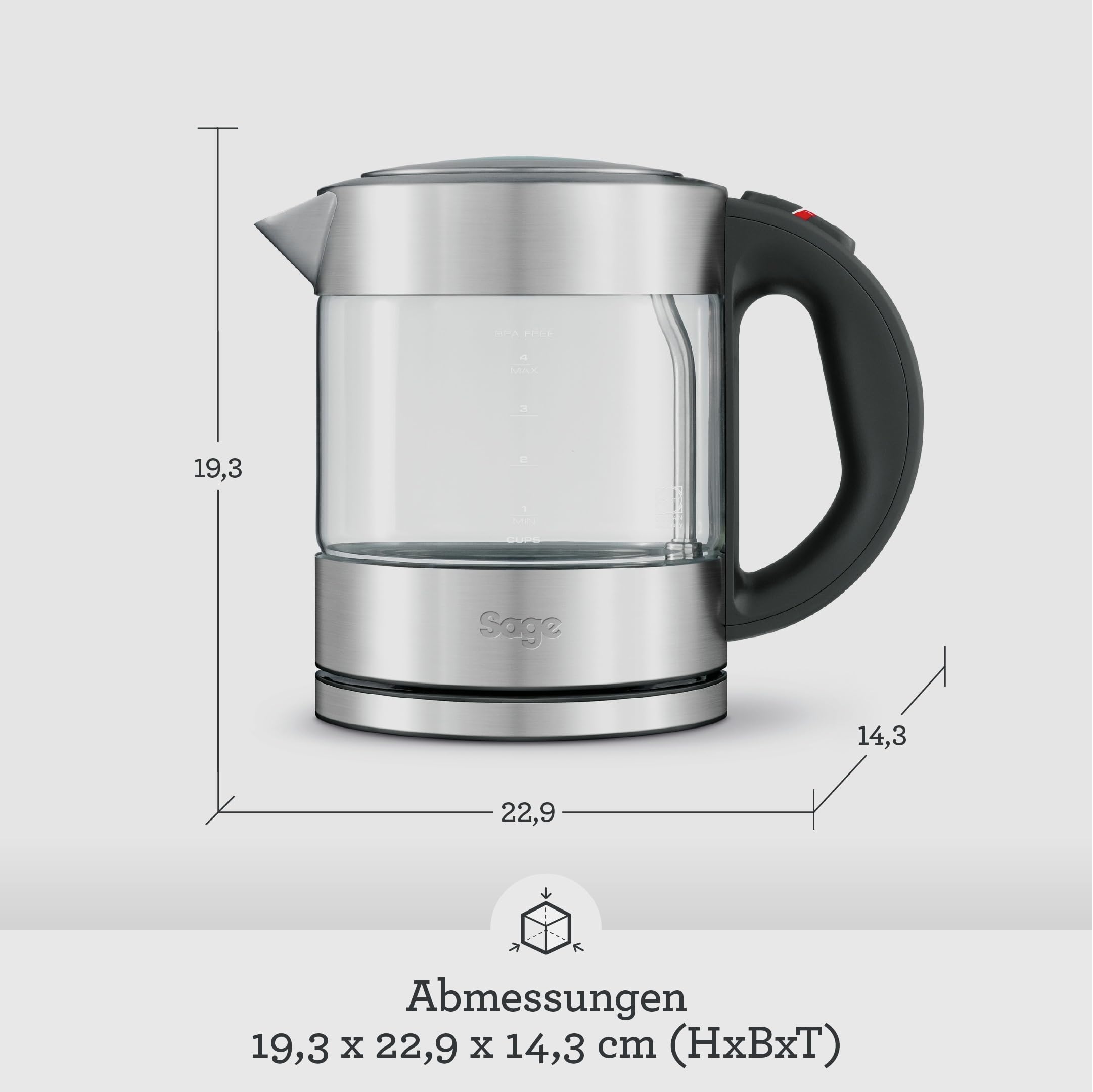 Sage - The Compact Kettle Pure - Kompakter Wasserkocher - Glasgehäuse, 1 Liter Fassungsvermögen, Kabellos, Ergonomisch - Klar
