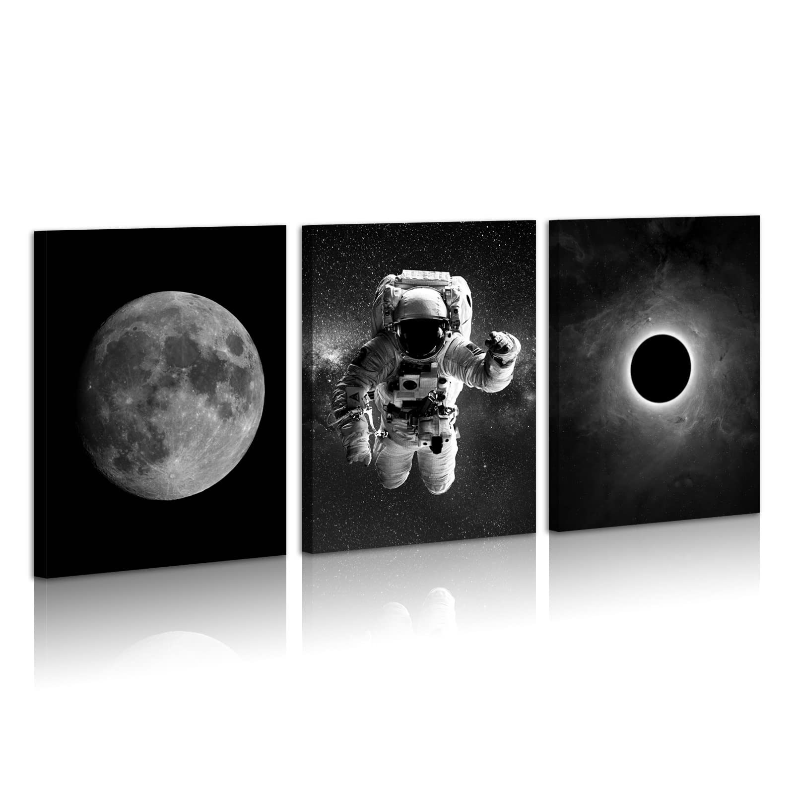 FUNHUA Framed Space Wall Decor Outer Space Canvas Wall Art Prints & Posters Black and White Wall Art Spaceman Decor for Boys Room, Set of 3, 12x16 inches