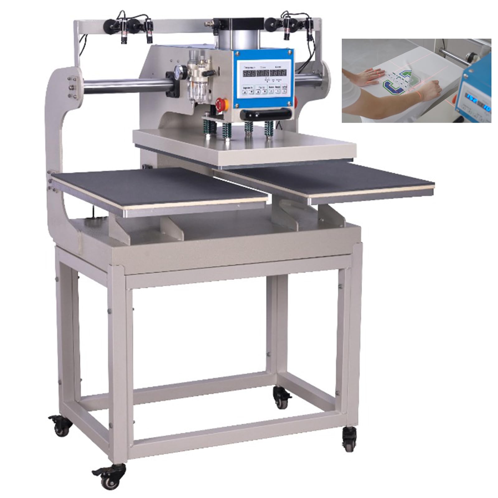 Prensa térmica neumática de doble platina deslizante de 16 x 24 pulgadas con posicionamiento infrarrojo ajustable y función de deslizamiento ascendente. Máquina de transferencia por sublimación para impresión profesional.