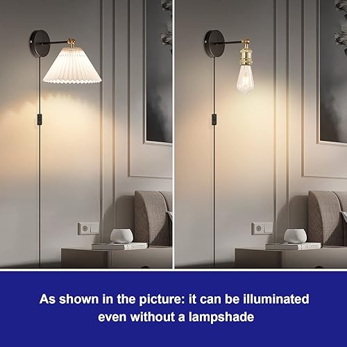 Miniatura 3 de Aplique de pared enchufable, juego de 2 lámparas de pared blancas enchufables, lámpara de pared con cable de enchufe e interruptor de