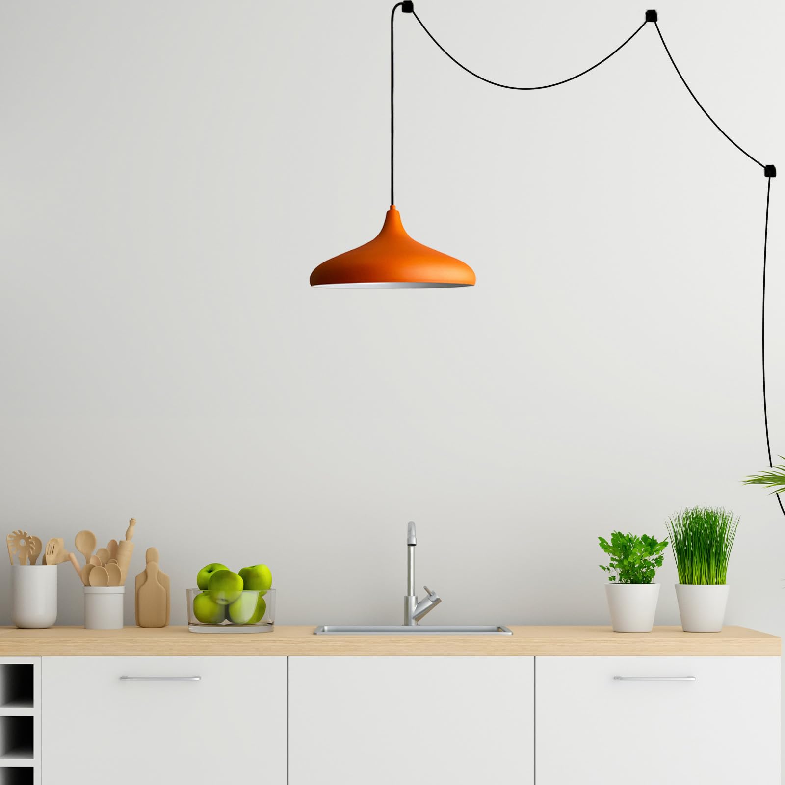bamyum Lampadario a Sospensione con Spina, Lampadario Cucina 35 cm, Lampada da Soffitto con 450 cm Cavo, Lampadario a Sospensione, Lampada per Isola da Cucina in Metallo, Lampadario Arancione
