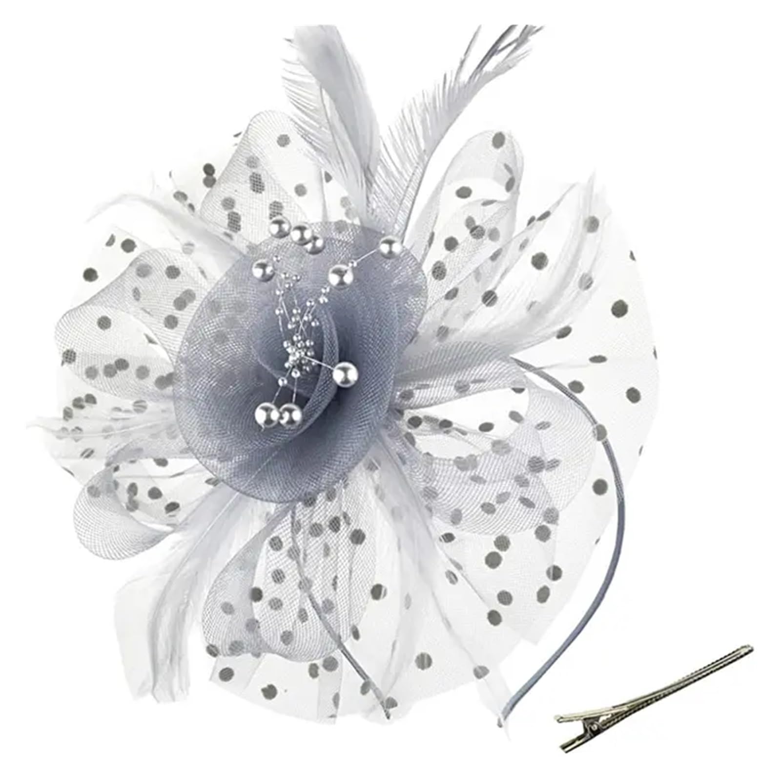 UALXPAO Wedding Hats Women Feather Flower Fascinator Hat Ladies Hair Accessories Wedding Party Floral Mesh Veil Headband Hairpin for Tea Party,Weddings(Grey)