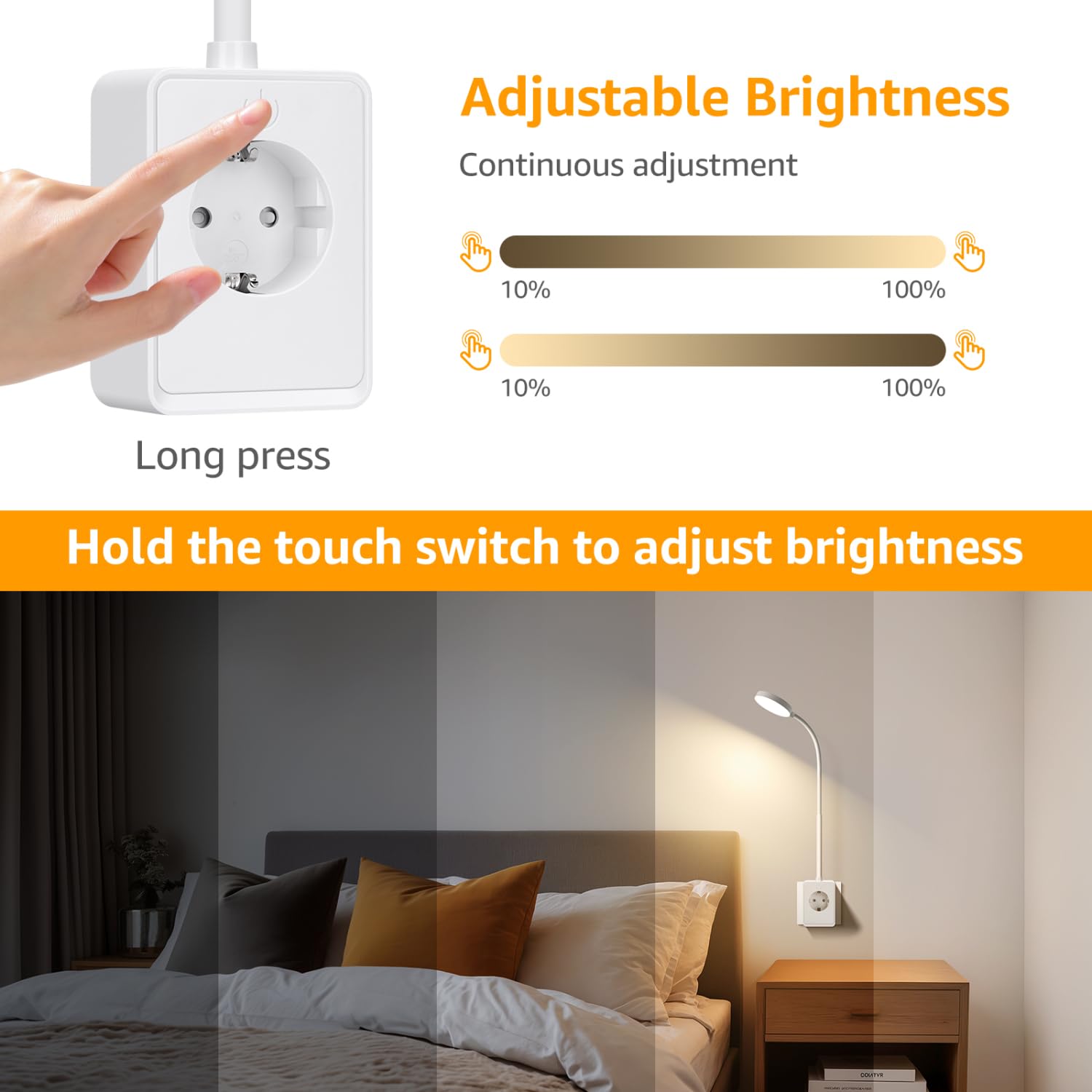 Aigostar LED Wandleuchte mit Stecker und Steckdose, Schlafzimmer Steckdosenlampe Touch-Dimmer, 3 Lichtfarben, Leselampe mitTyp C/USB Ladeanschluss, 360° flexibler Hals, Weiß
