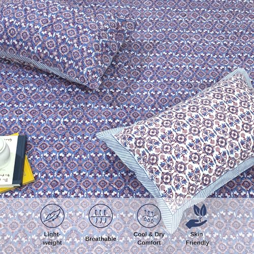 Image of TOAI Hand Block Printed Bedsheet | Bed Spread Flatsheet Bed Sheet | Pure Cotton | King Size 108 inchx108 inch | 300 TC Long Staple Cotton | 2 Reversible Pillow Covers |Moroccan Tiles