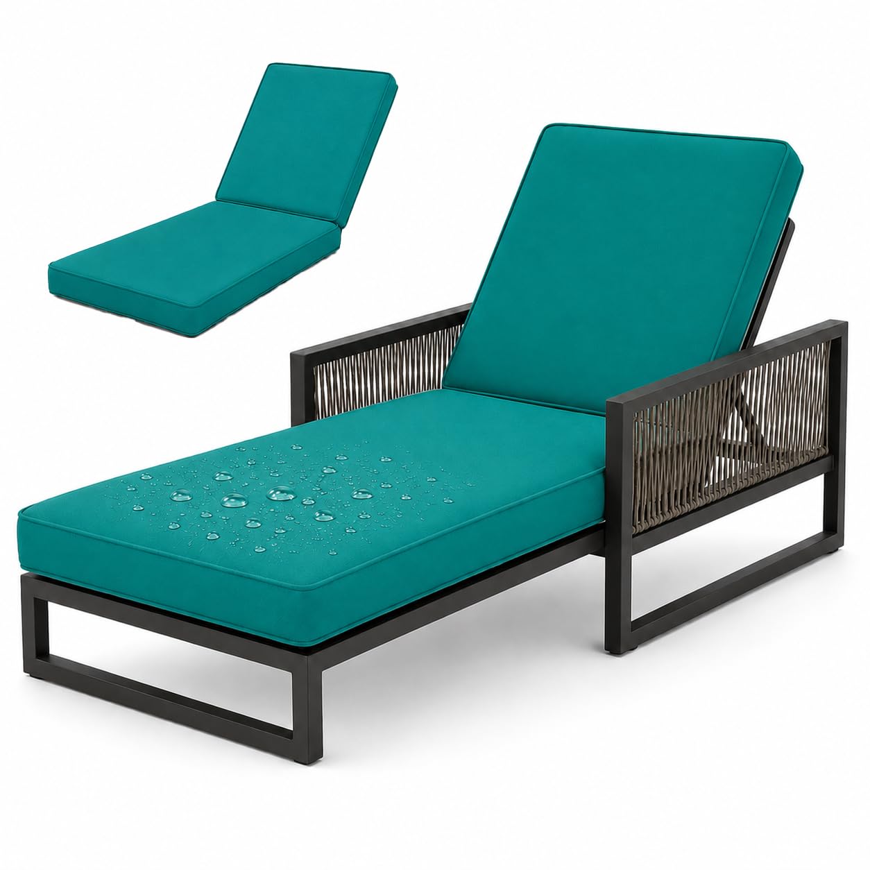 AZMAHT Sunlounger Cushions Only, Waterproof Thick Padded Sun Lounger Cushion for Garden Rattan Chairs, 50D Foam Recliner Replacement Pad with 6 Ties & Piping,Dark Green,188x58x5cm