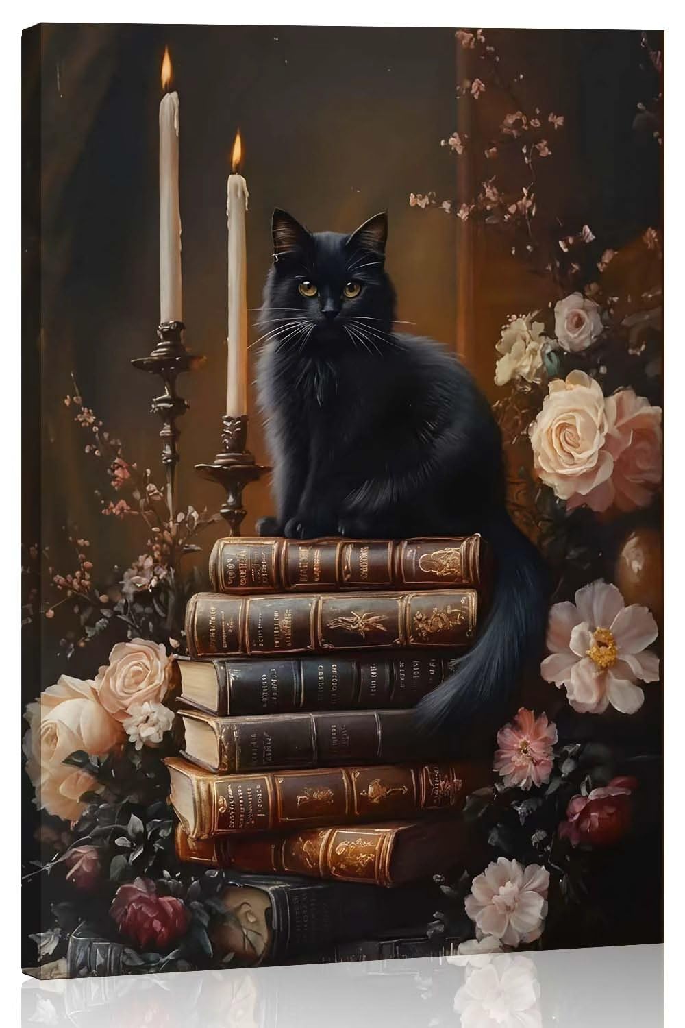 Framed Dark Academia Moody Wall Art Victorian Black Cat Wildflower Book Floral Wall Decor Picture Painting Artwork Vintage Black Cat Books Wall Art Gothic Vintage Antique Aesthetics Poster Print for