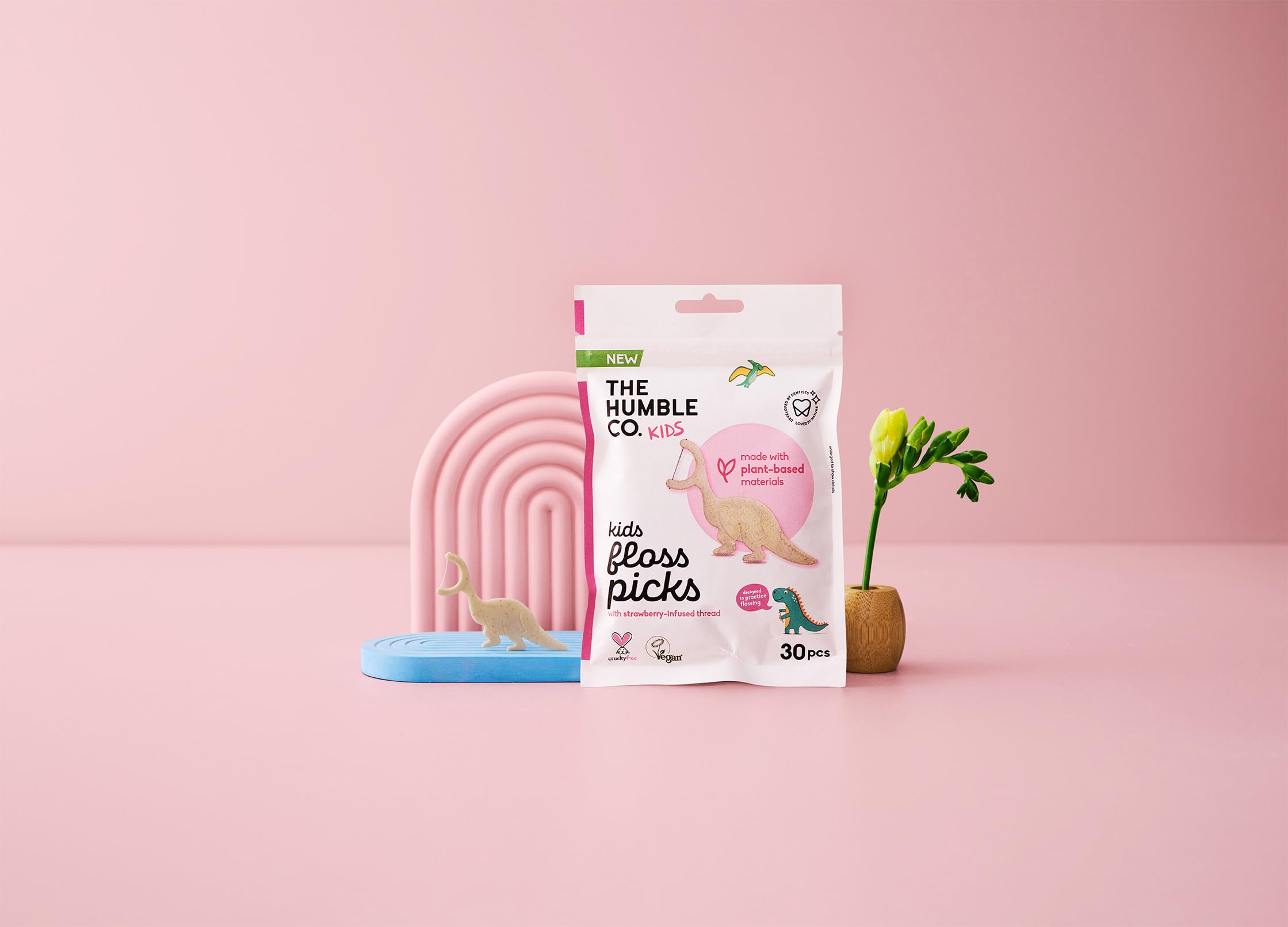 The Humble Co. - Humble Corn Starch Floss Picks - Kids 30 PCS Kürdanlı Diş İpi 30 Pcs - Çocuklar için Çilek Aromalı (Dinazor şekilli), Bitki bazlı malzemelerden yapılmış, tekrar kullanılabilir