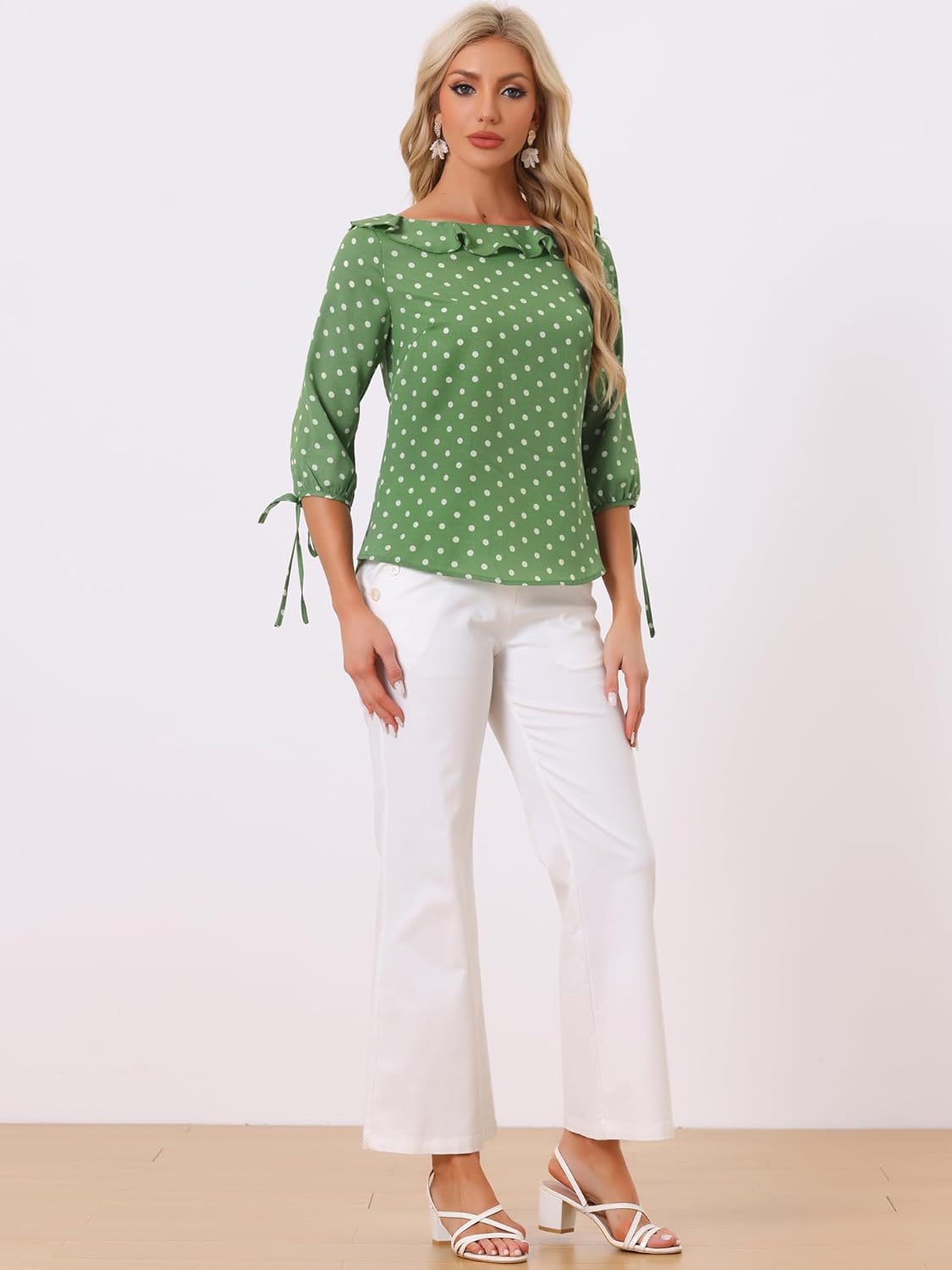 Allegra K Women's Ruffled Collar Polka Dots Shirt 3/4 Sleeve Vintage Blouse - Image 3