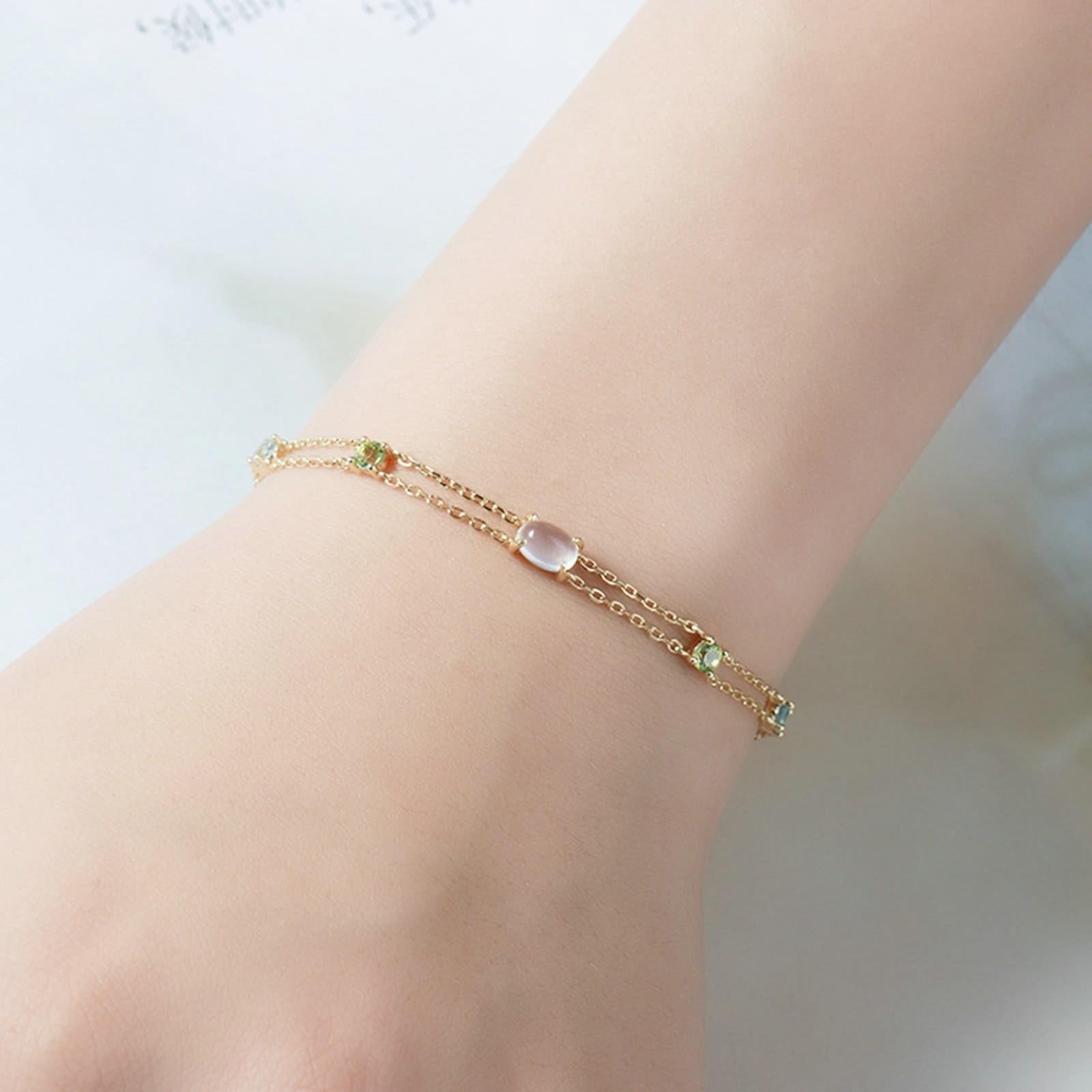 Gelbgold Au 375/585/750 Armband Echt Gold Schmuck mit Oval Rose Mondstein Doppelschicht